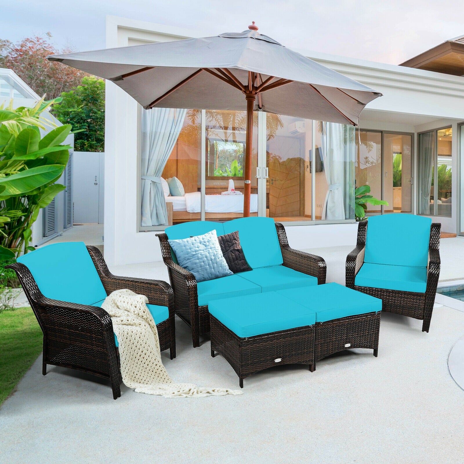 5 Pieces Patio Rattan Sofa Set with Cushion and Ottoman-Turquoise 