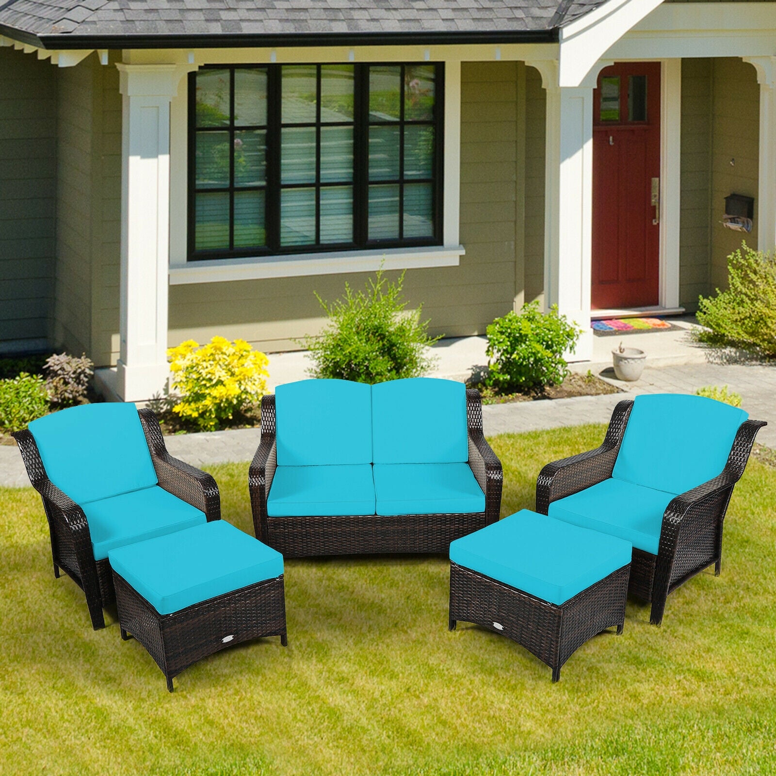 5 Pieces Patio Rattan Sofa Set with Cushion and Ottoman-Turquoise