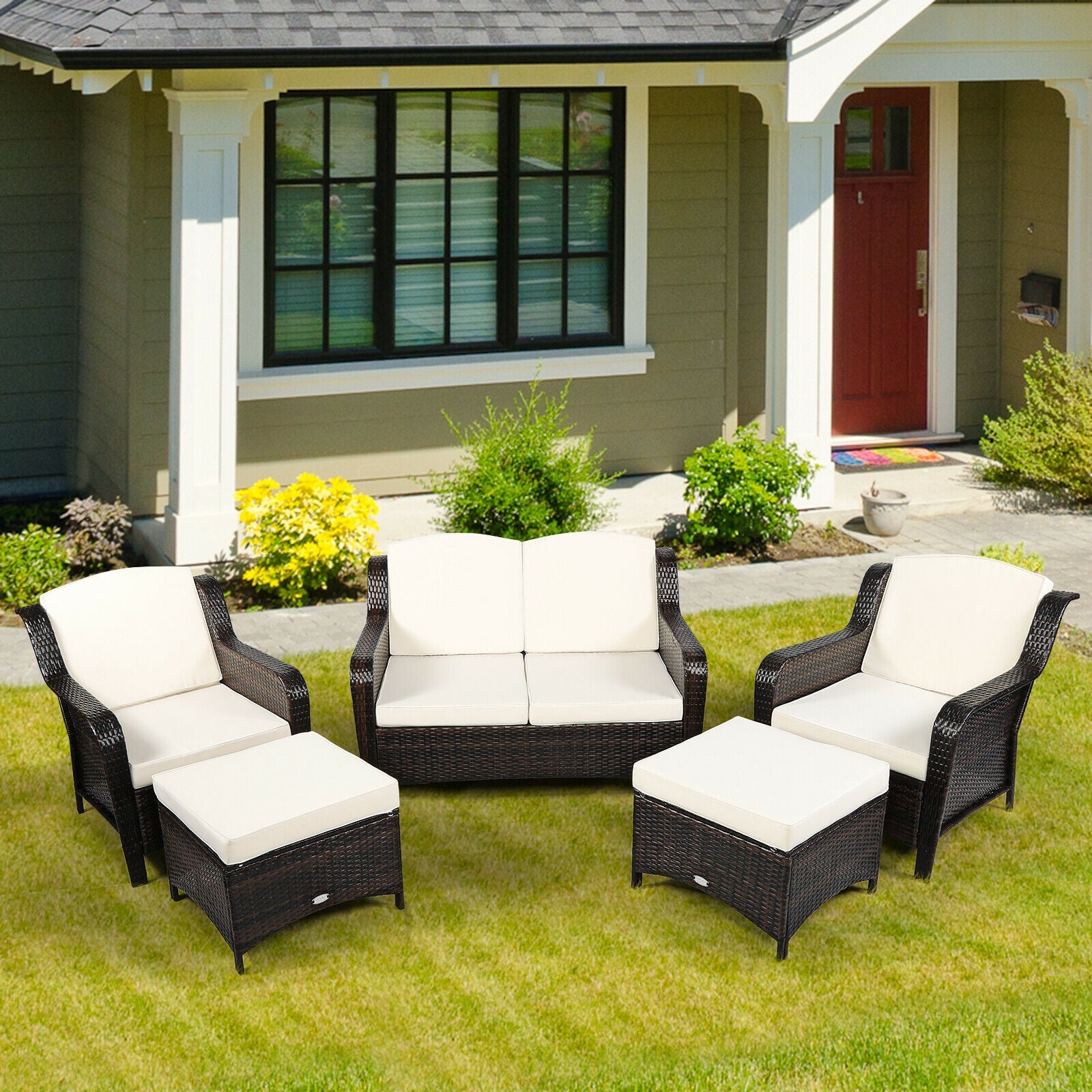 5 Pieces Patio Rattan Sofa Set with Cushion and Ottoman-Off White