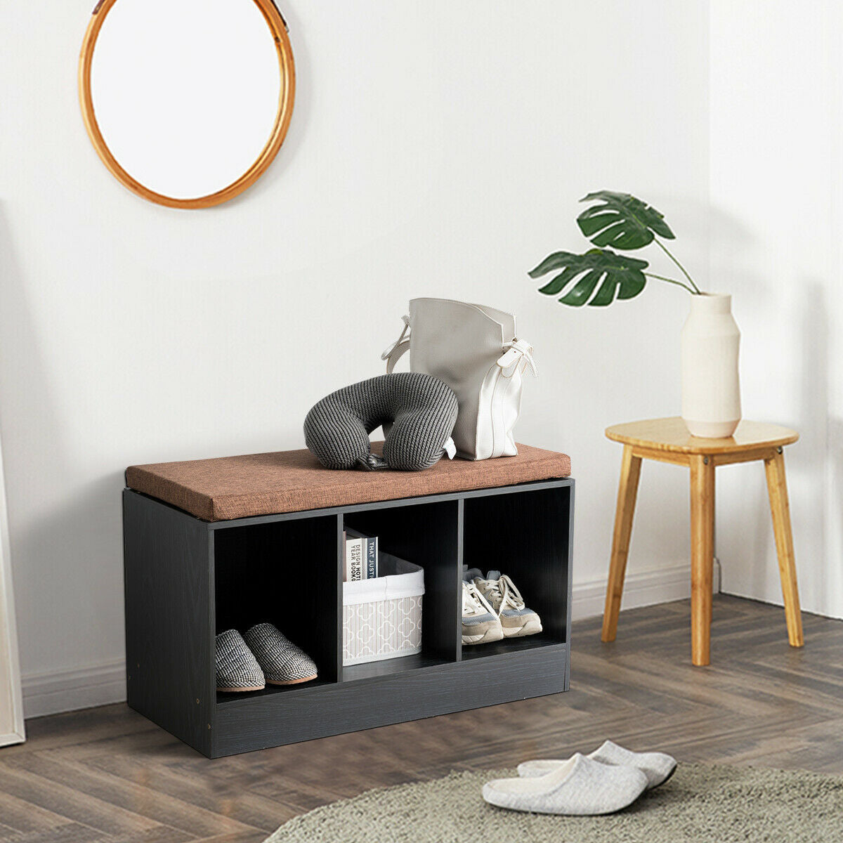 Shoe Bench with Padded Cushion and 3-Cube Storage Box 