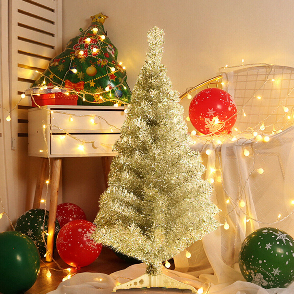 3 Feet Silver Tinsel Christmas Tree with Plastic Stand