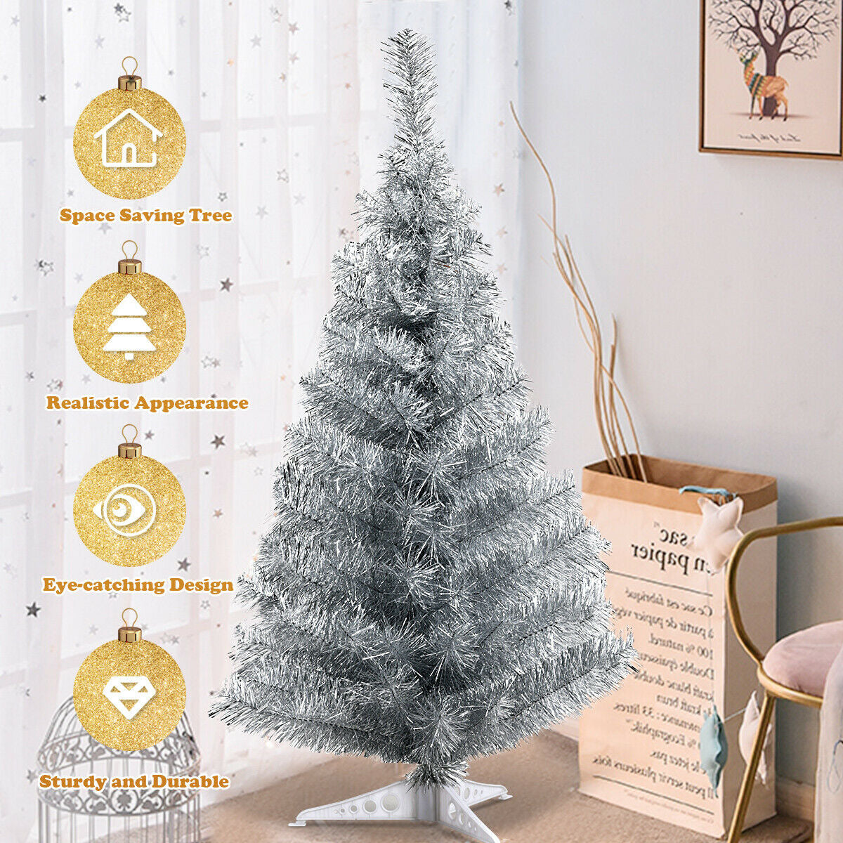 3 Feet Silver Tinsel Christmas Tree with Plastic Stand