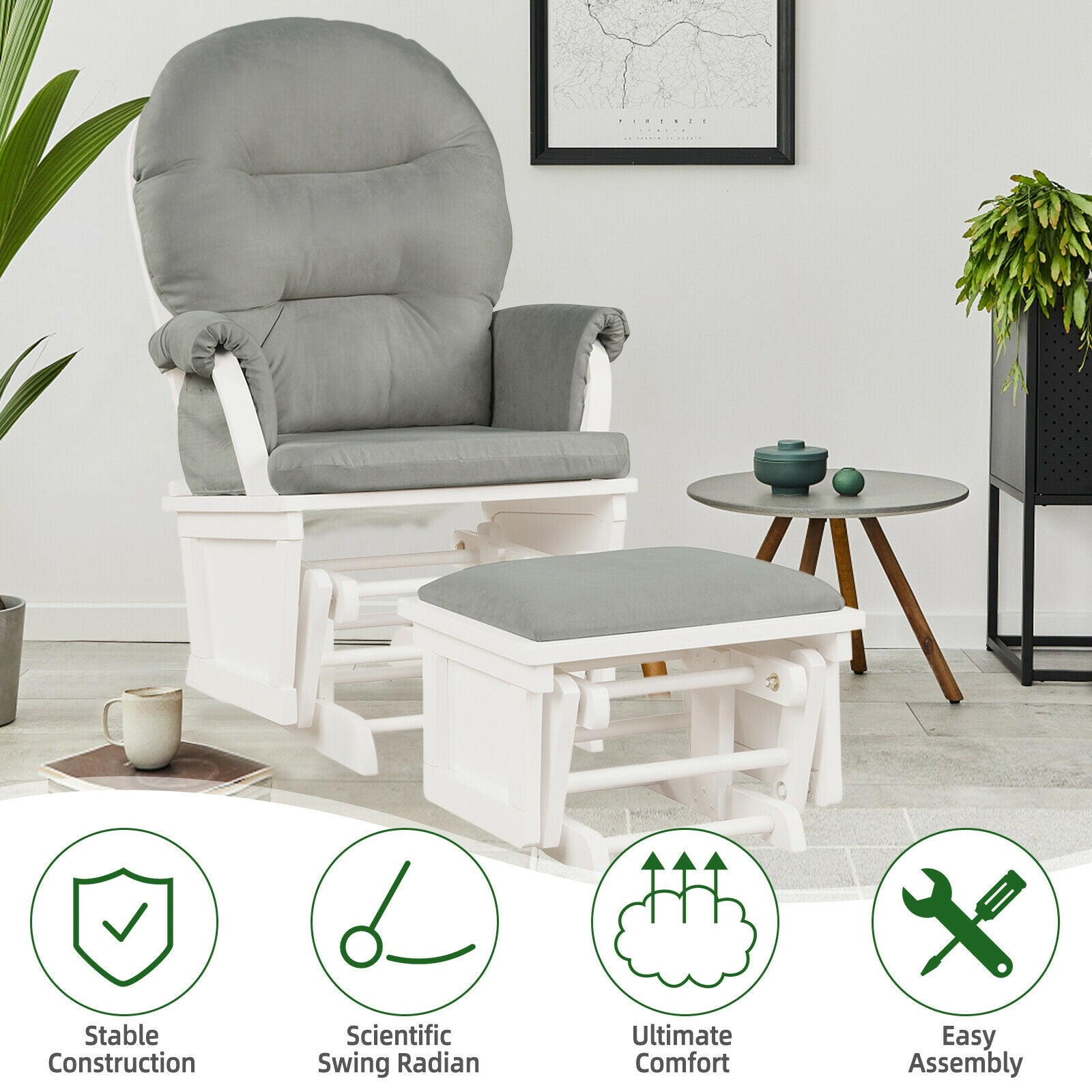 Wood Baby Glider and Ottoman Cushion Set with Padded Armrests for Nursing-Light Gray