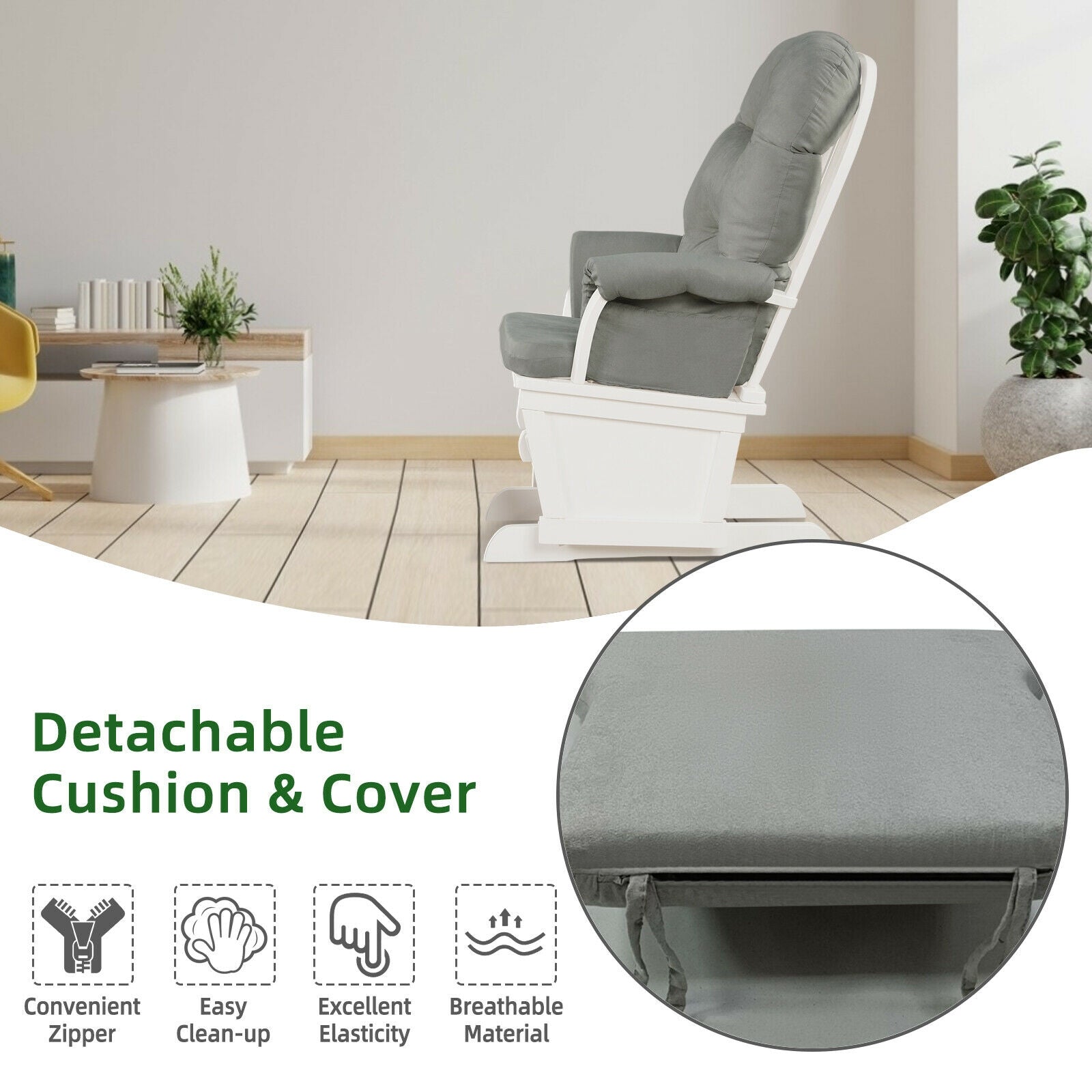 Wood Baby Glider and Ottoman Cushion Set with Padded Armrests for Nursing-Light Gray