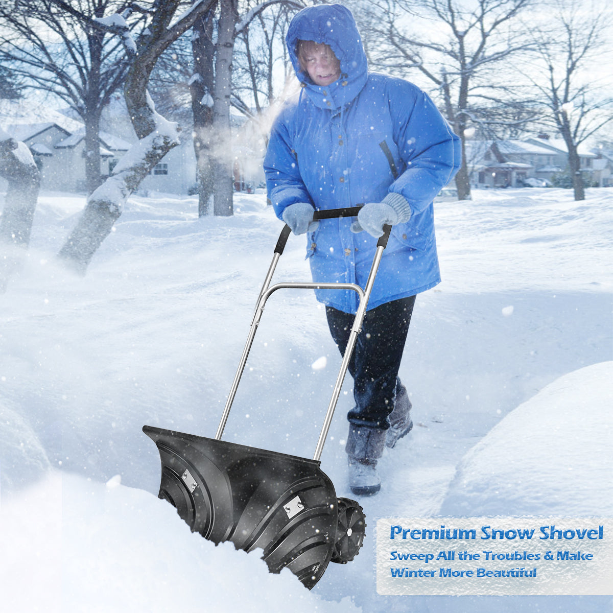 Rolling Snow Pusher Shovel with Adjustable Handle