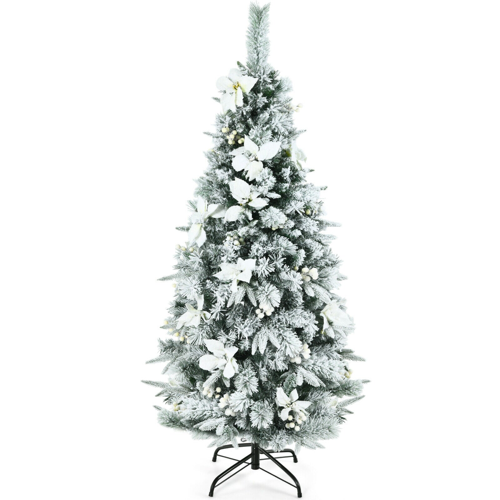 Pre-lit Snow Flocked Christmas Tree with Berries and Poinsettia Flowers-5'