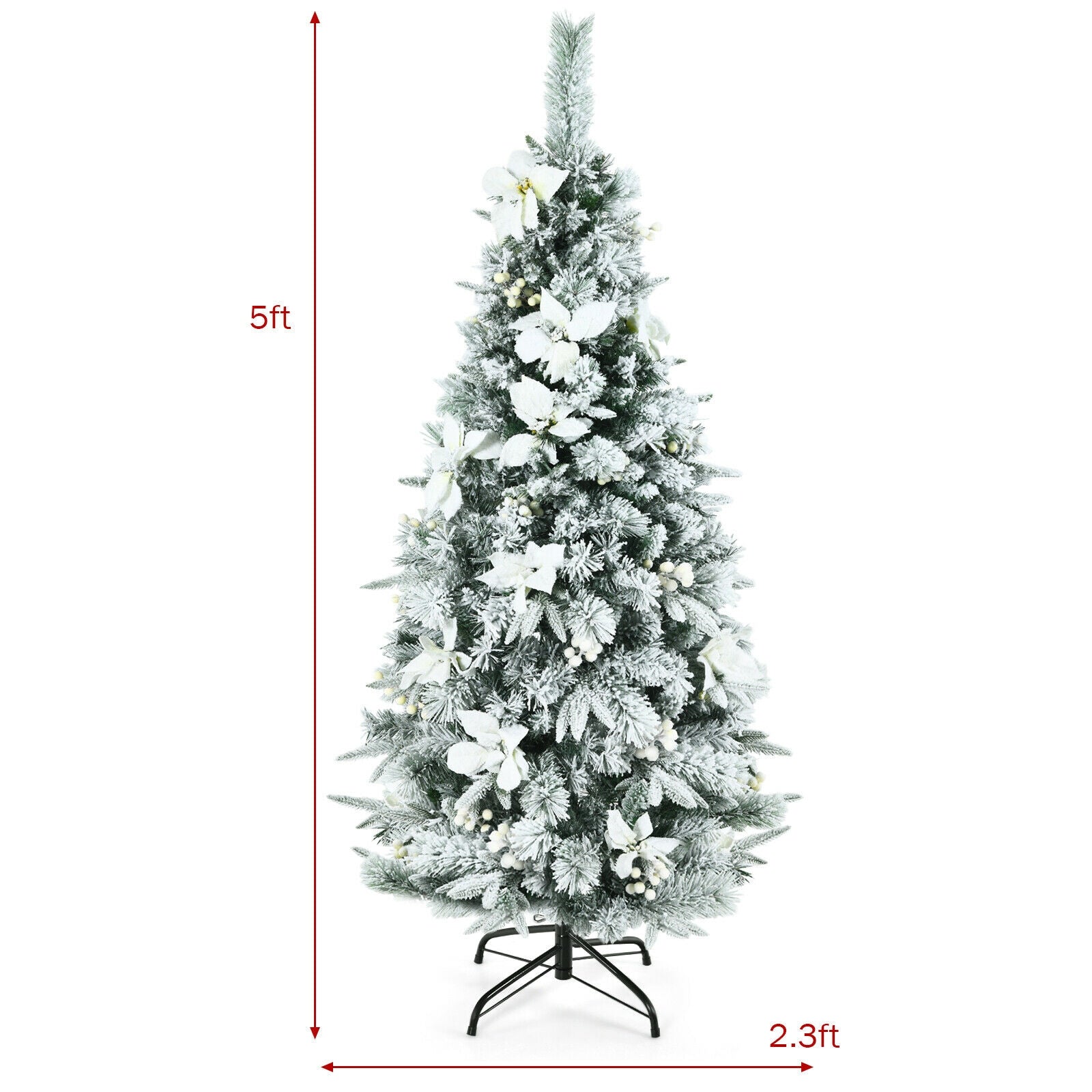 Pre-lit Snow Flocked Christmas Tree with Berries and Poinsettia Flowers-5'