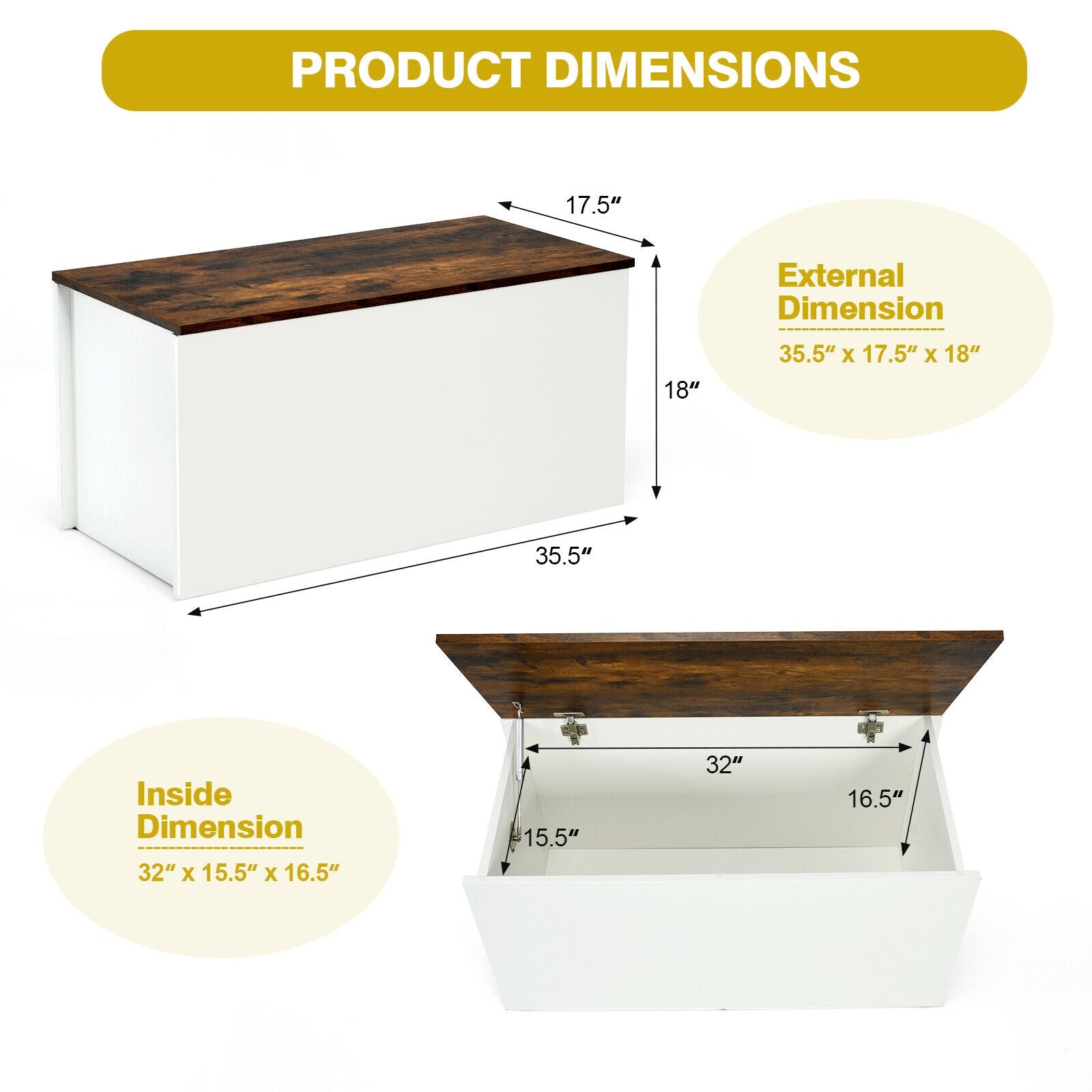 Flip-top Storage Chest with Self-hold Cover and Pneumatic Rod-White