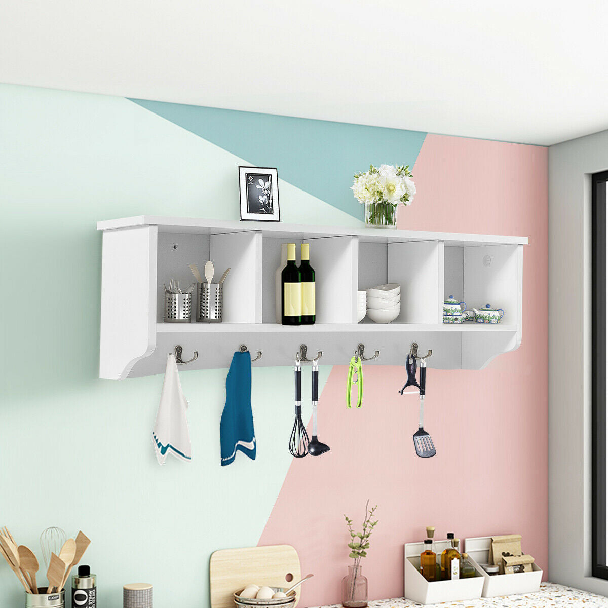 Wall-Mounted Storage Cabinet Hanging Entryway Shelf Coat Rack