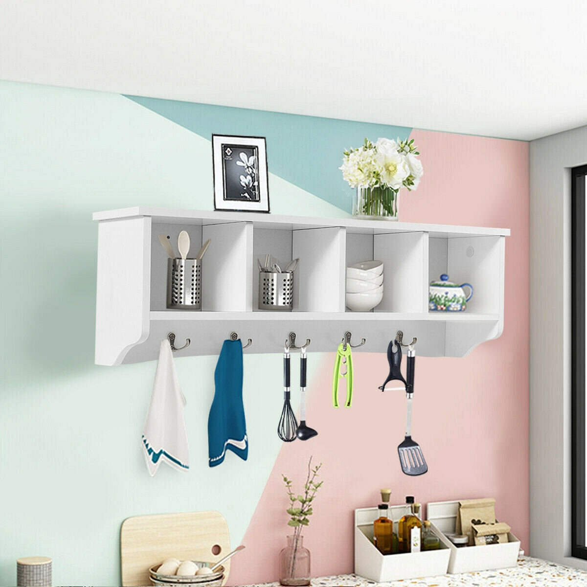 Wall-Mounted Storage Cabinet Hanging Entryway Shelf Coat Rack