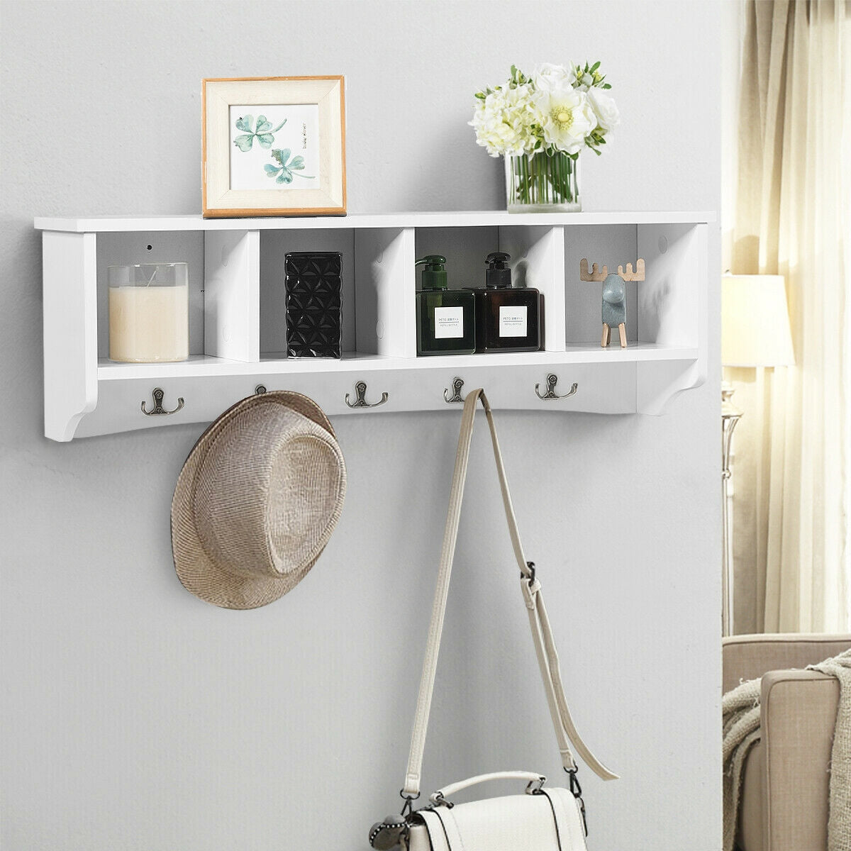 Wall-Mounted Storage Cabinet Hanging Entryway Shelf Coat Rack