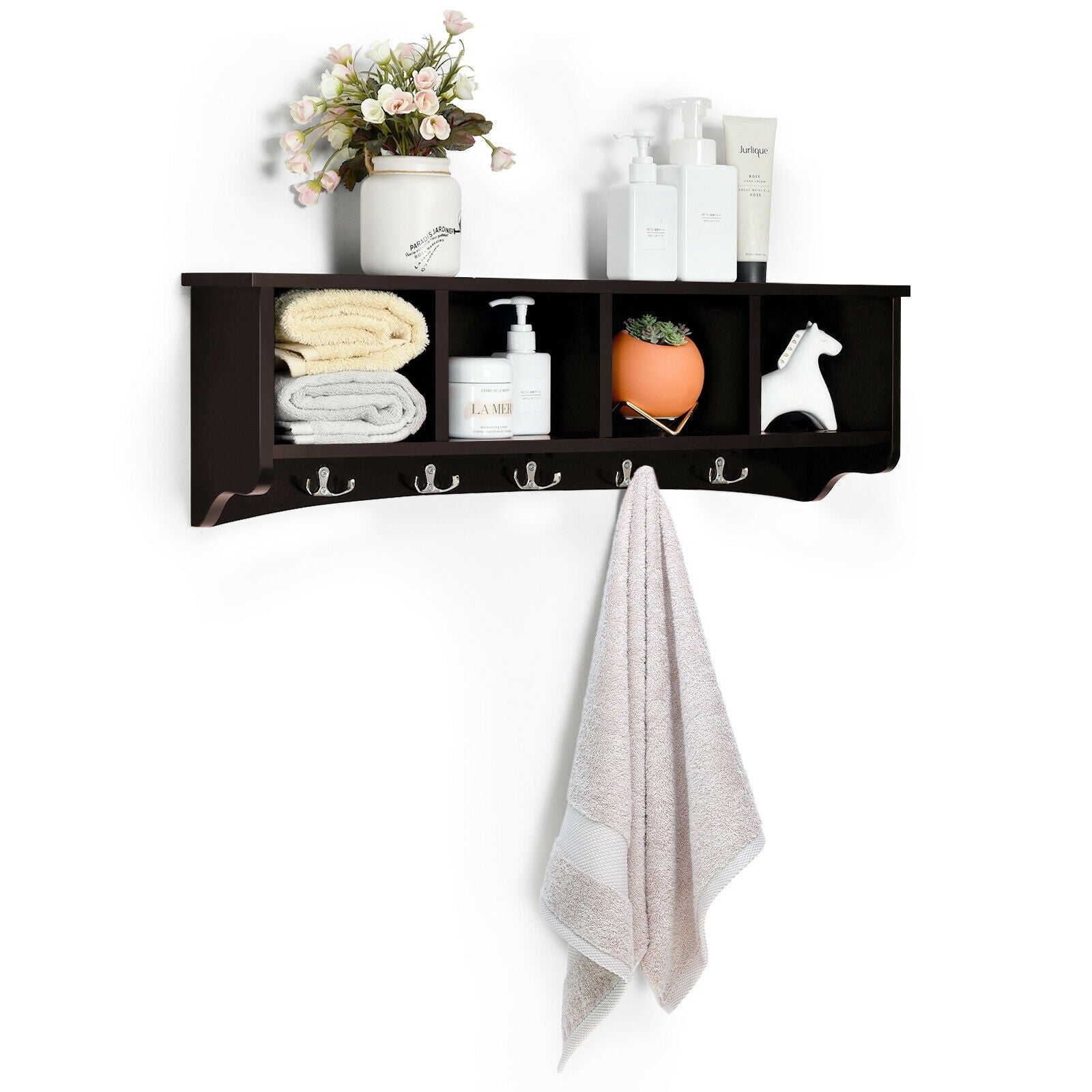 Hanging Entryway Shelf Coat Rack Wall Mounted Storage Cabinets-Brown