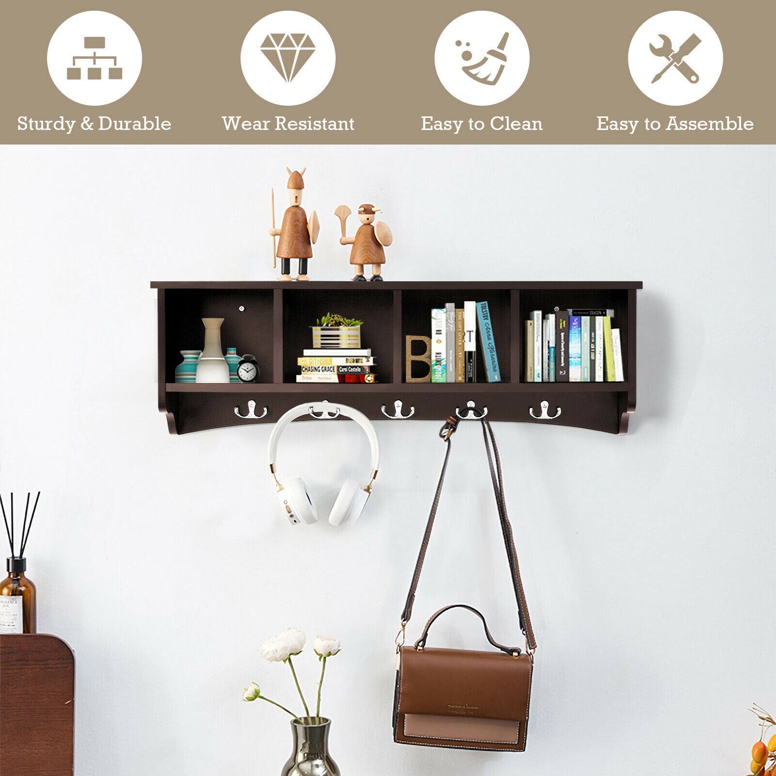 Hanging Entryway Shelf Coat Rack Wall Mounted Storage Cabinets-Brown