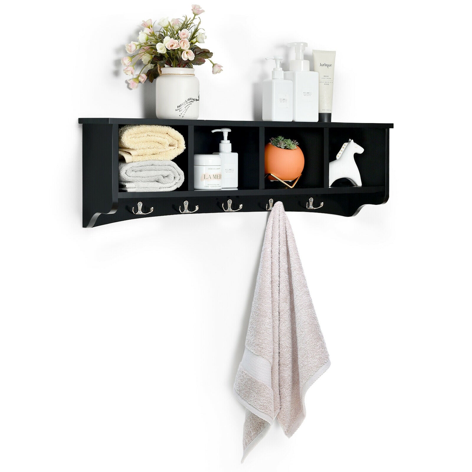 Hanging Entryway Shelf Coat Rack Wall Mounted Storage Cabinets-Black