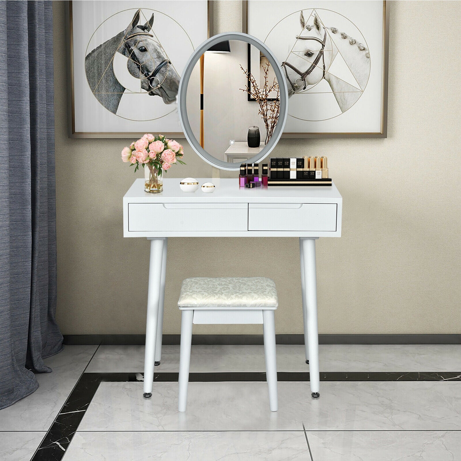 Touch Screen Vanity Makeup Table Stool Set-White