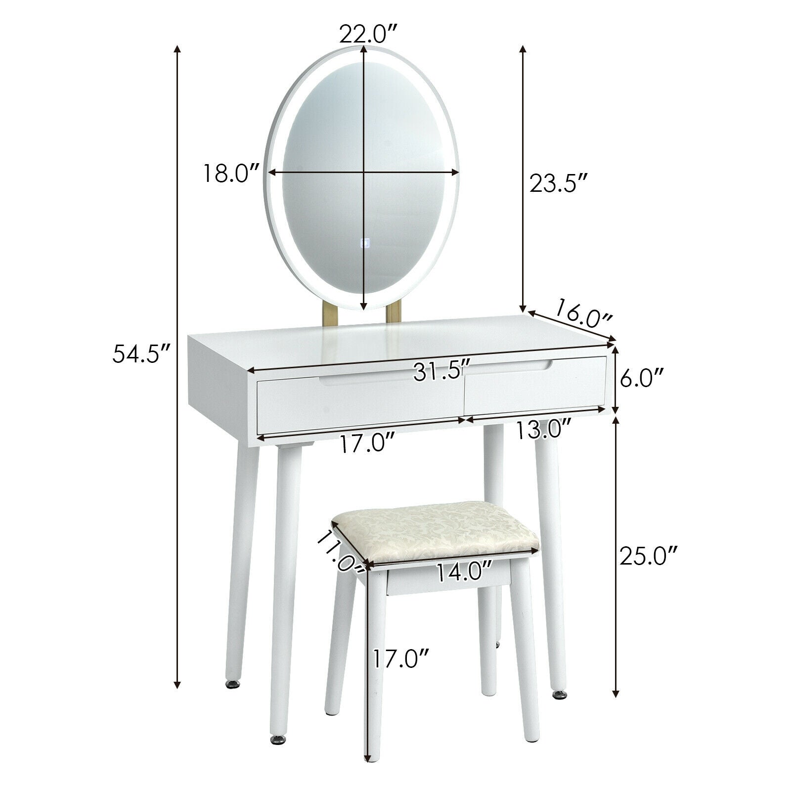 Touch Screen Vanity Makeup Table Stool Set-White