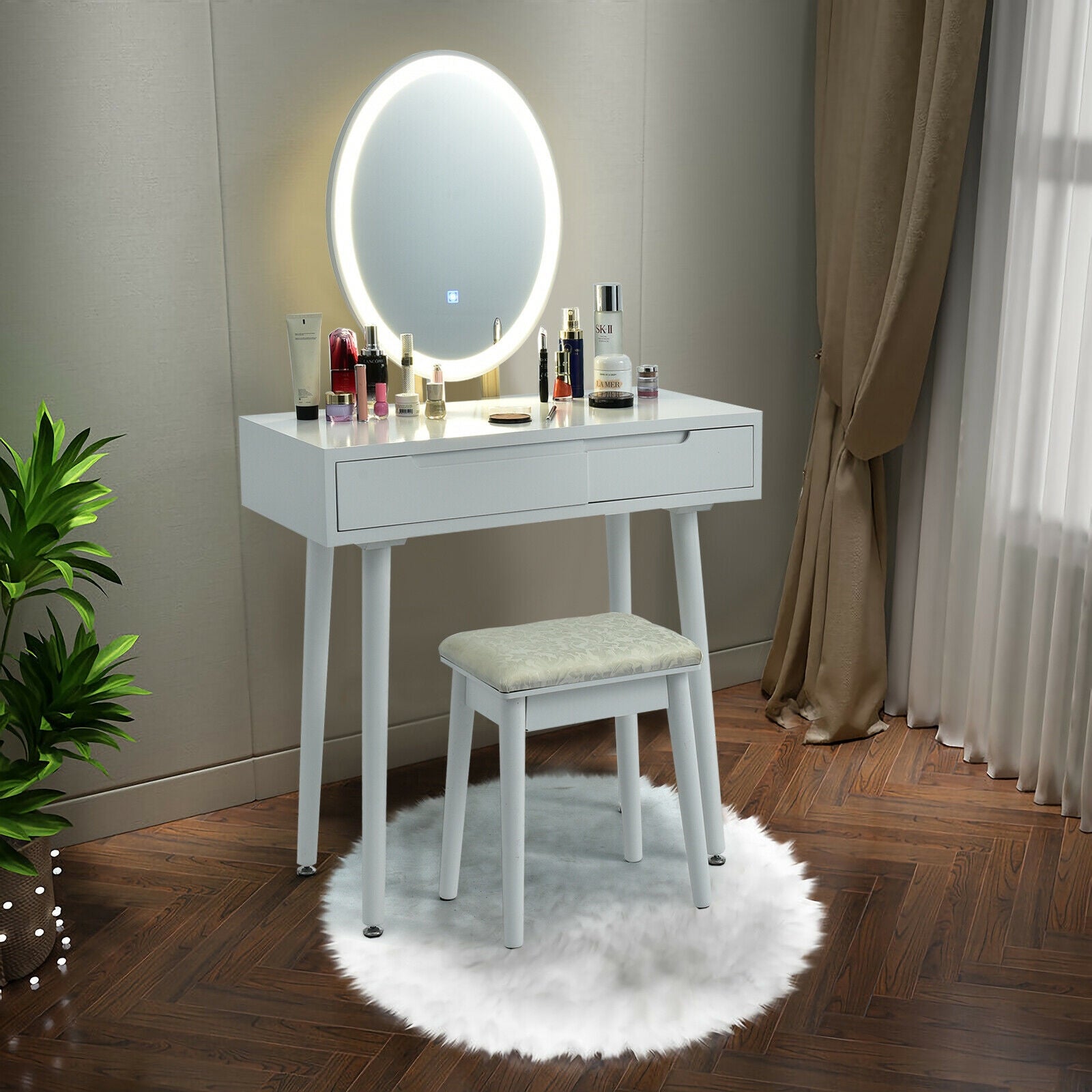 Touch Screen Vanity Makeup Table Stool Set-White