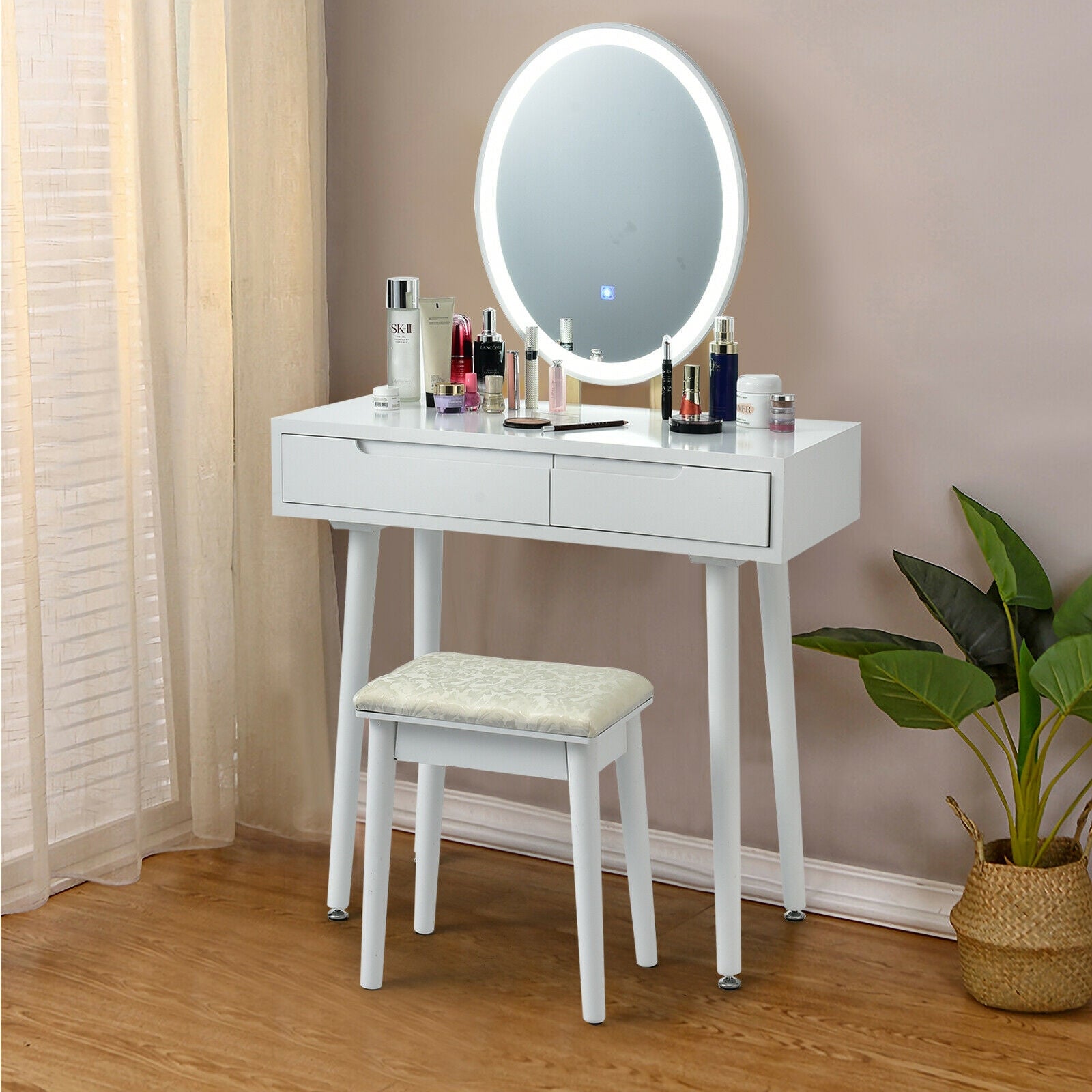 Touch Screen Vanity Makeup Table Stool Set-White