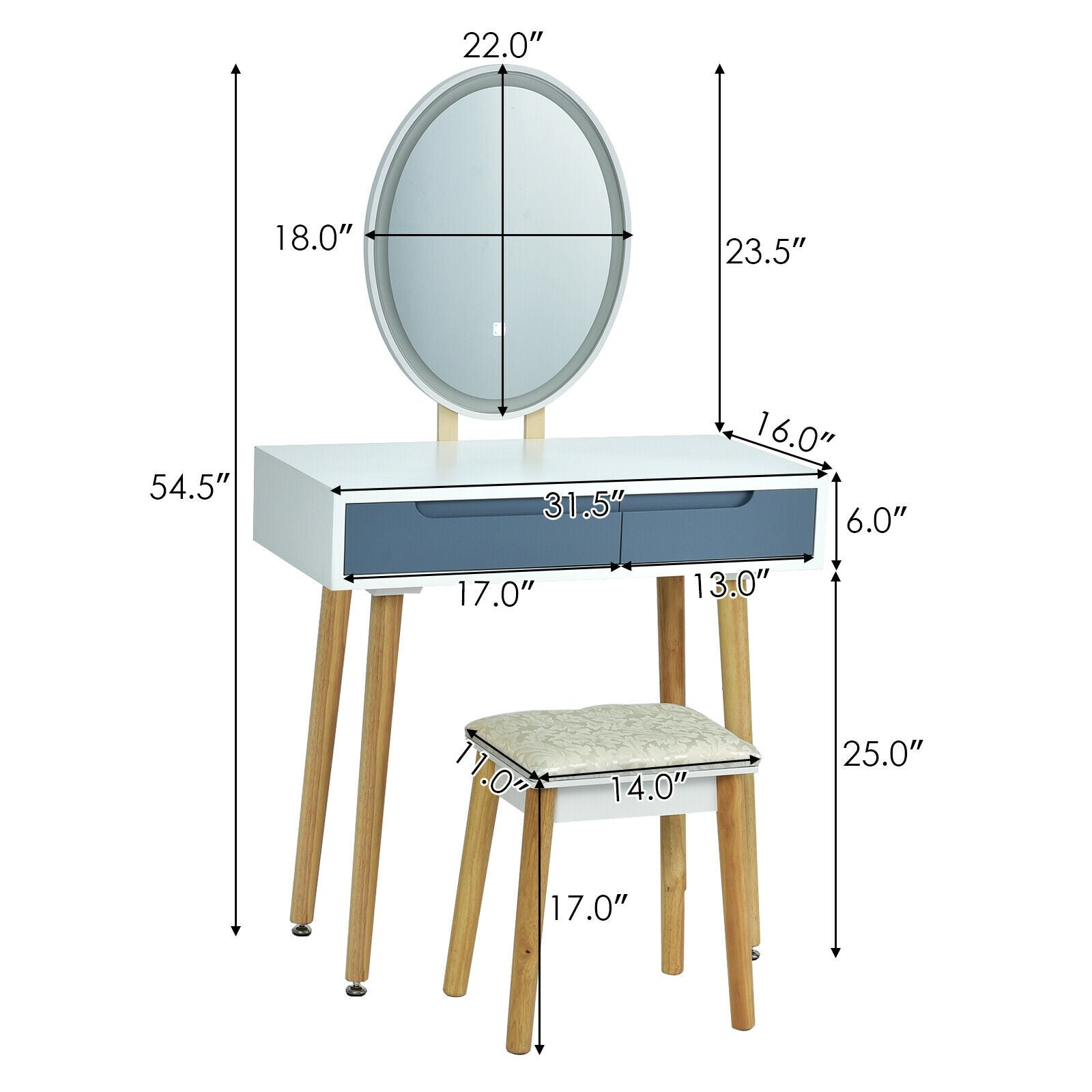 Touch Screen Vanity Makeup Table Stool Set-Gray