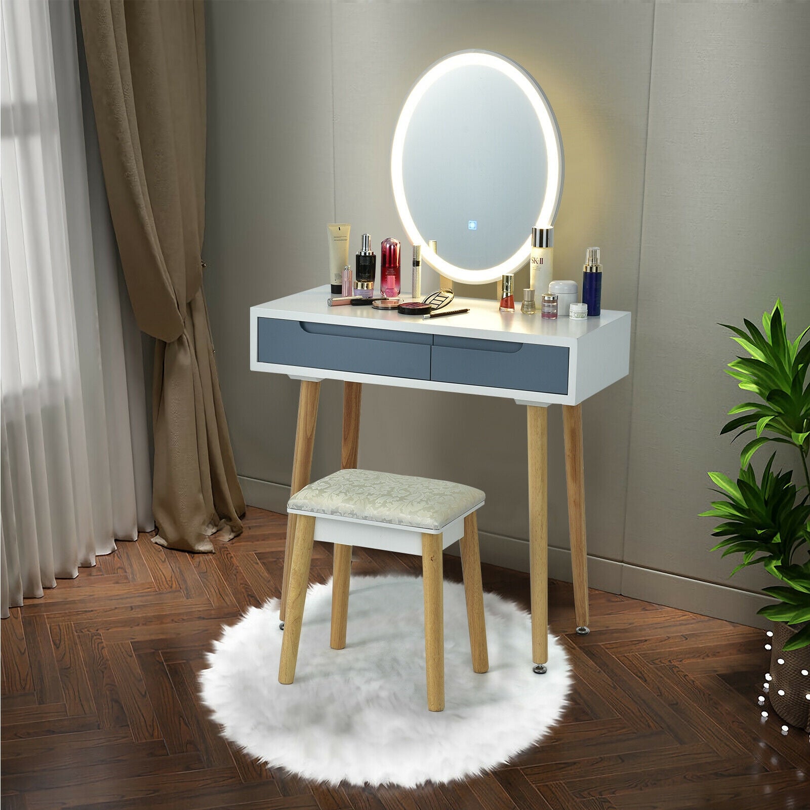 Touch Screen Vanity Makeup Table Stool Set-Gray