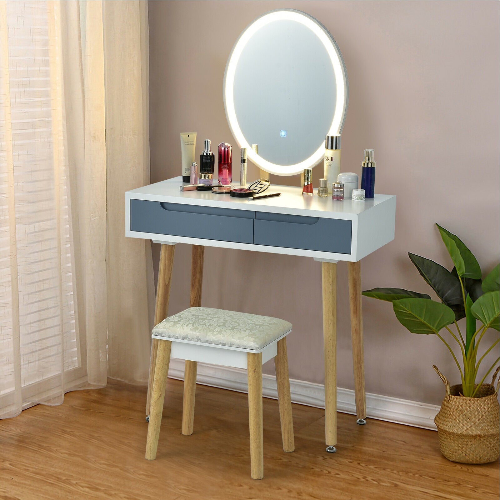 Touch Screen Vanity Makeup Table Stool Set-Gray