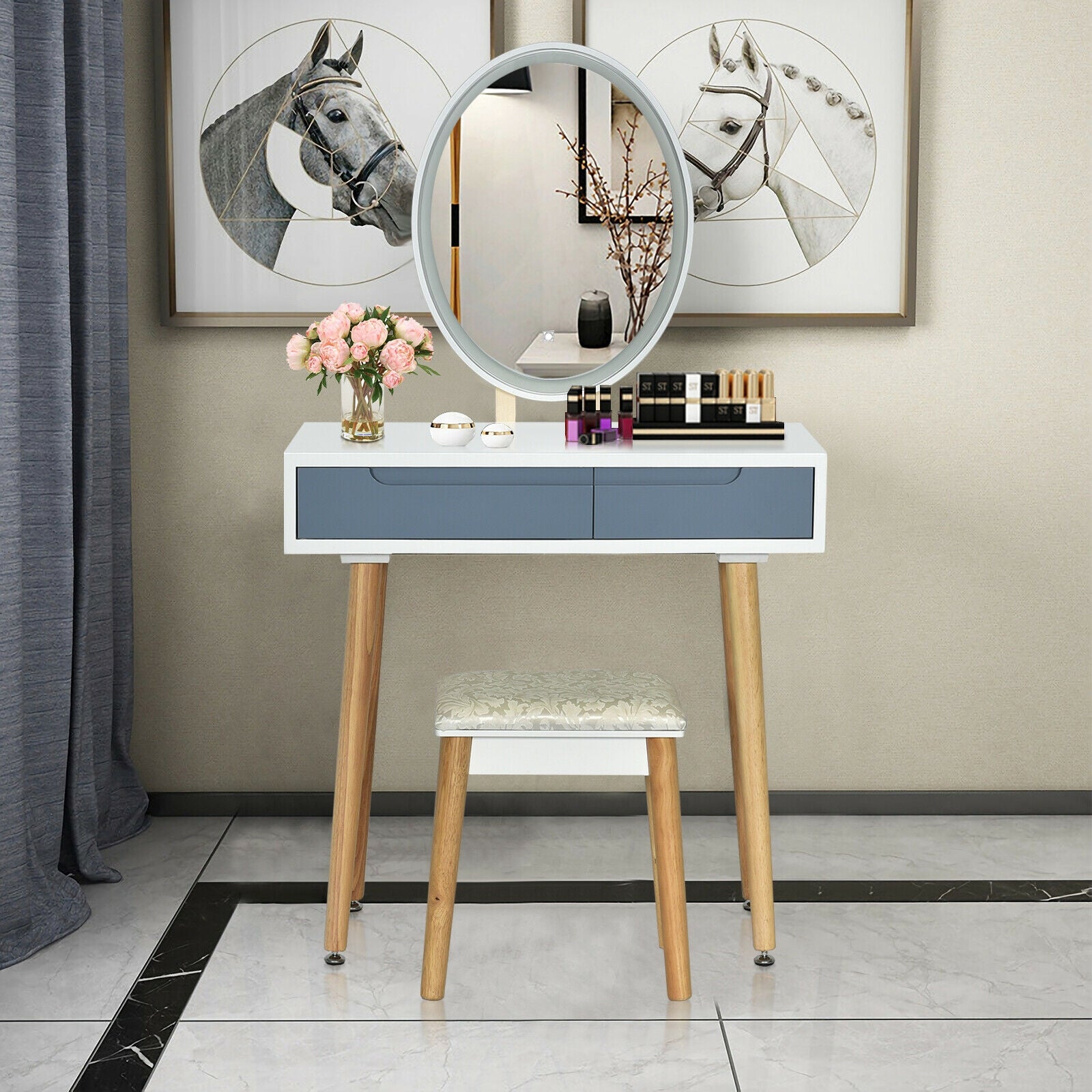 Touch Screen Vanity Makeup Table Stool Set-Gray