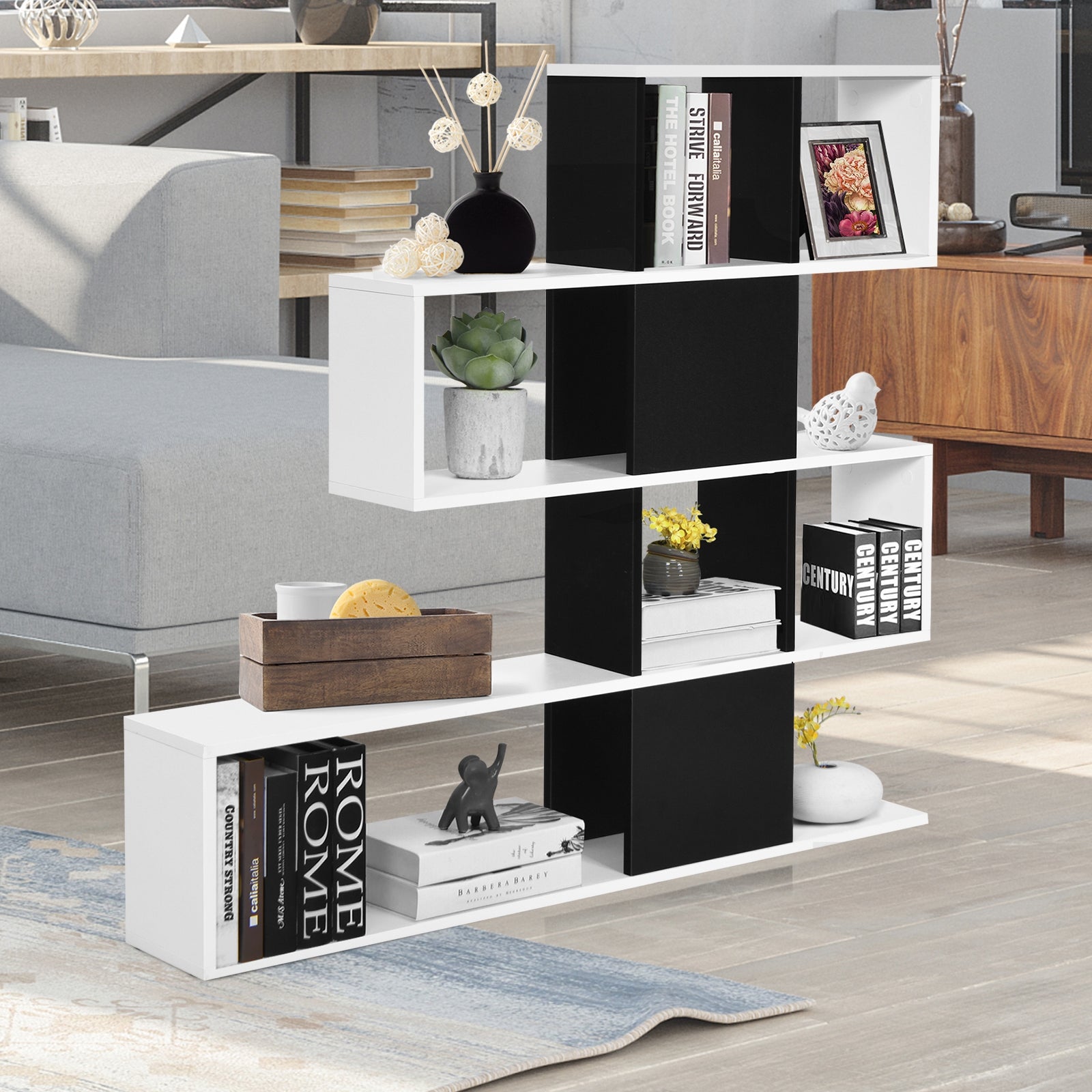 5-Tier Bookshelf Corner Ladder Bookcase with Storage Rack-Black & White