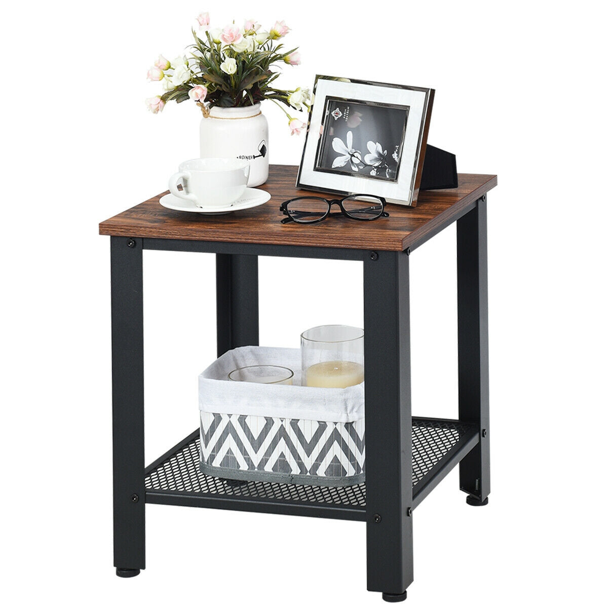 Industrial End Table 2-Tier Side Table-Black