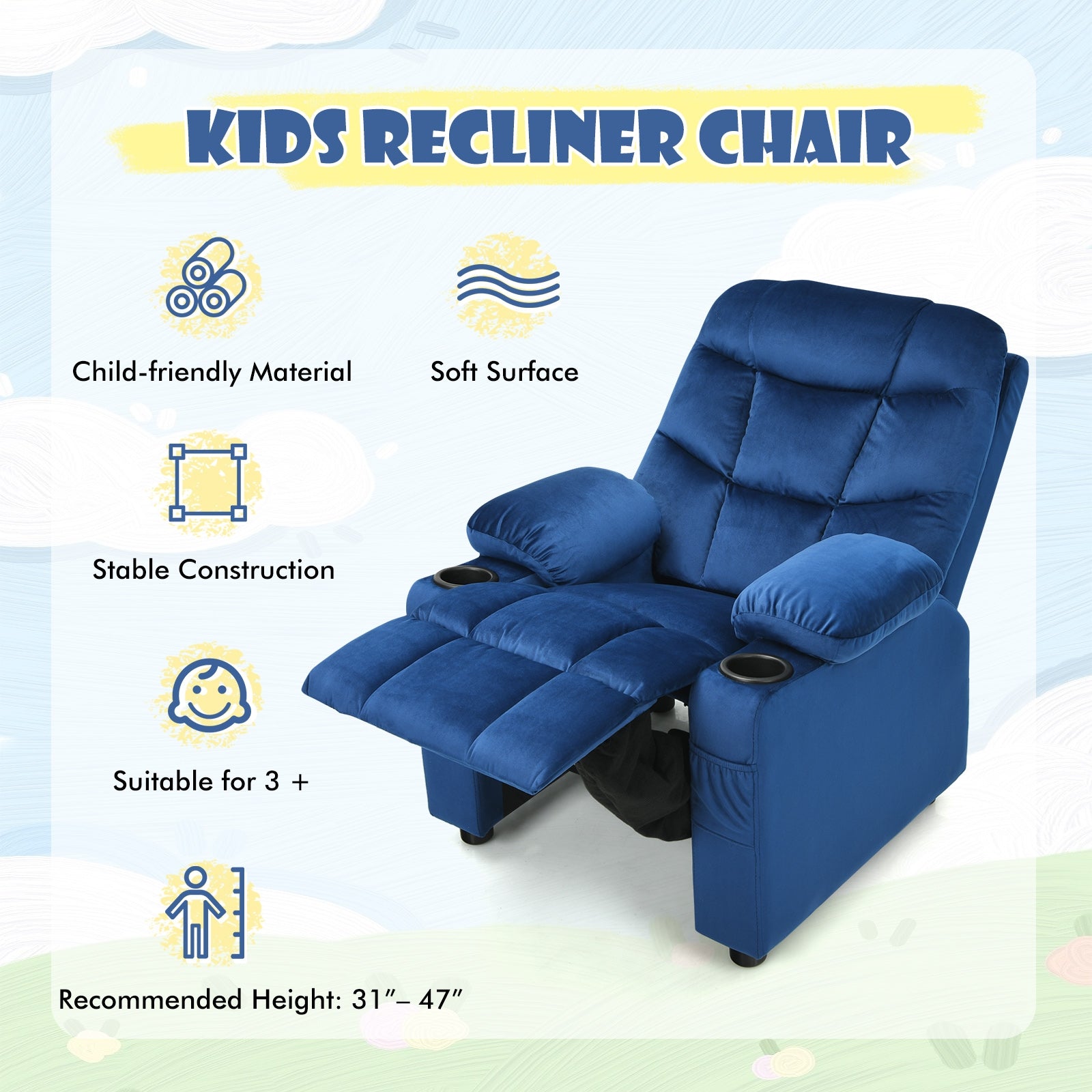 Kids Recliner Chair with Cup Holder and Footrest for Children-Light Blue