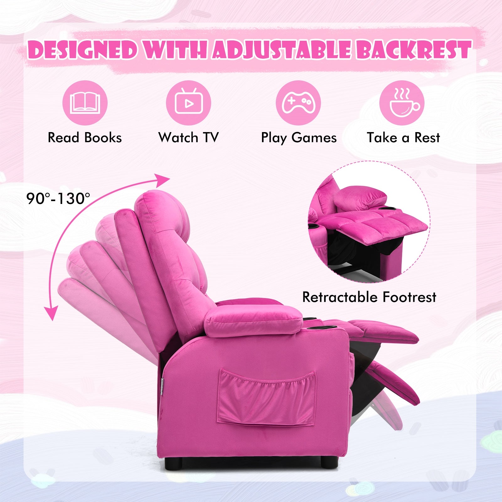 Kids Recliner Chair with Cup Holder and Footrest for Children-Pink