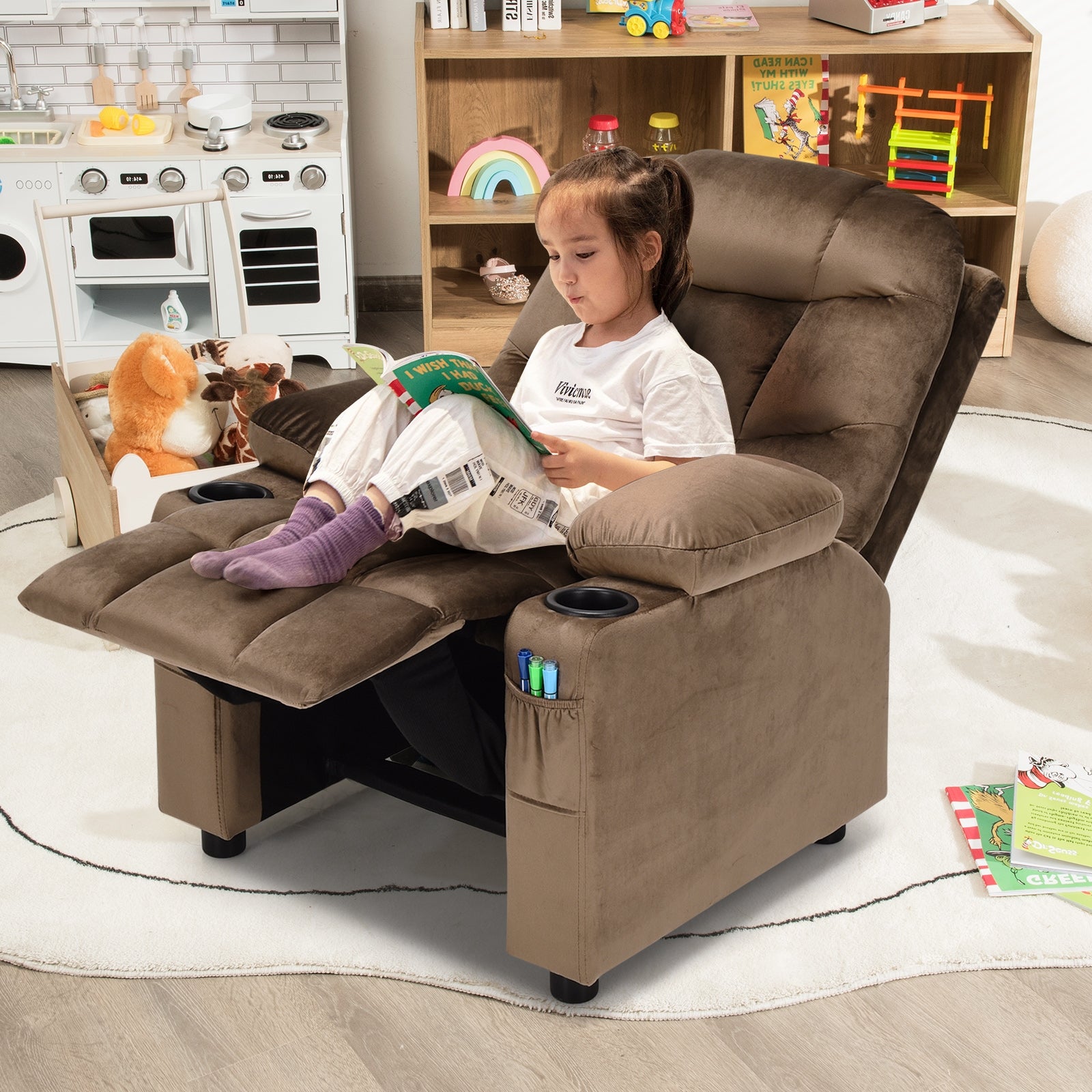 Kids Recliner Chair with Cup Holder and Footrest for Children-Light Brown