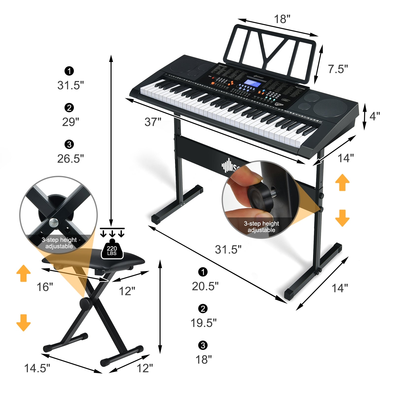 61-Key Electronic Keyboard Piano Set with Full Size Lighted Keys