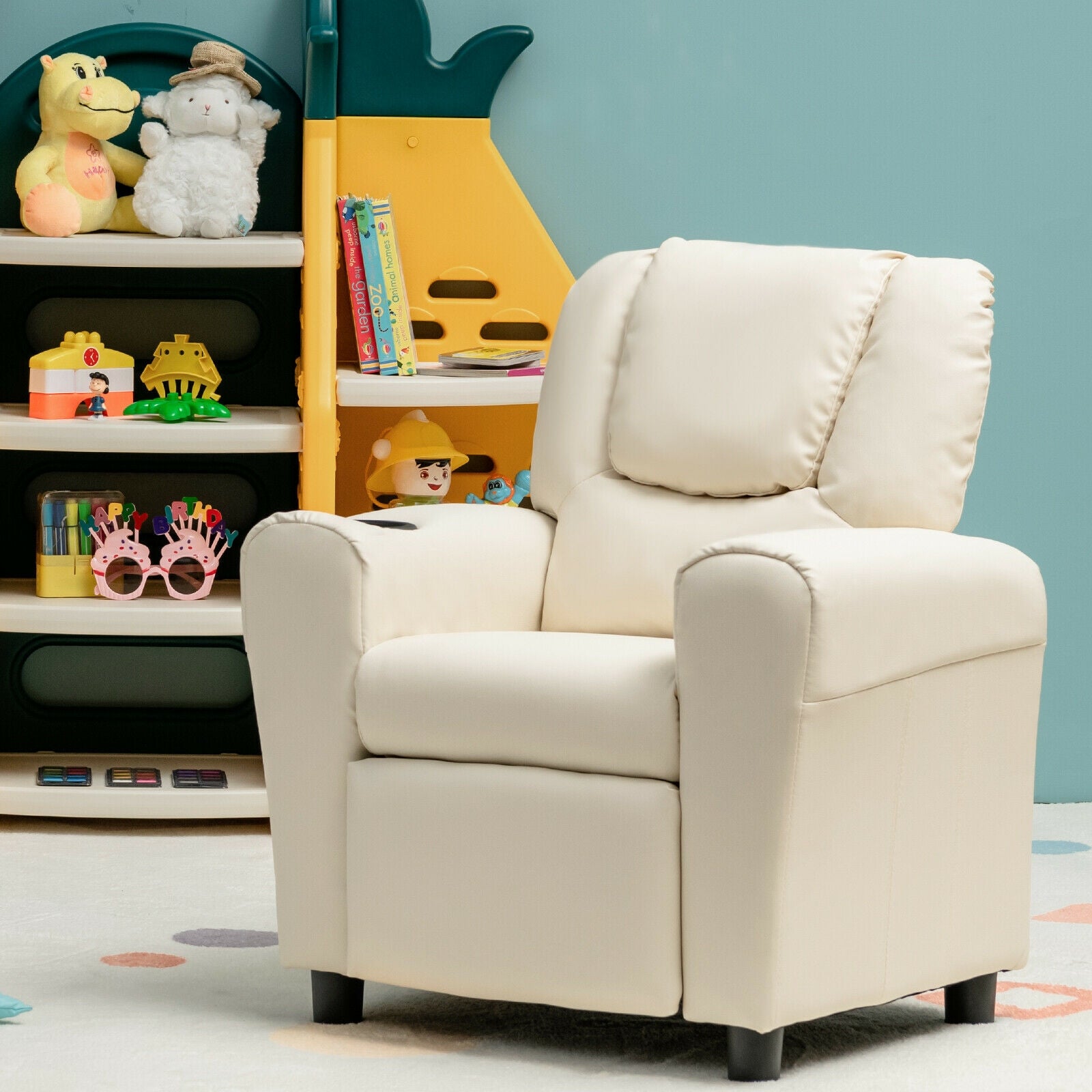 Children PU Leather Recliner Chair with Front Footrest-Beige