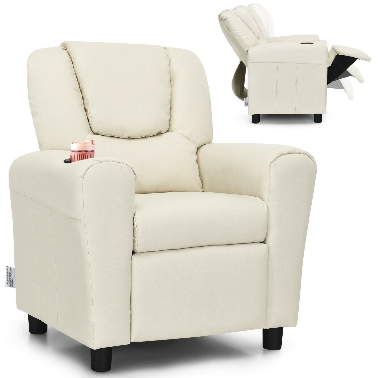 Children PU Leather Recliner Chair with Front Footrest-Beige