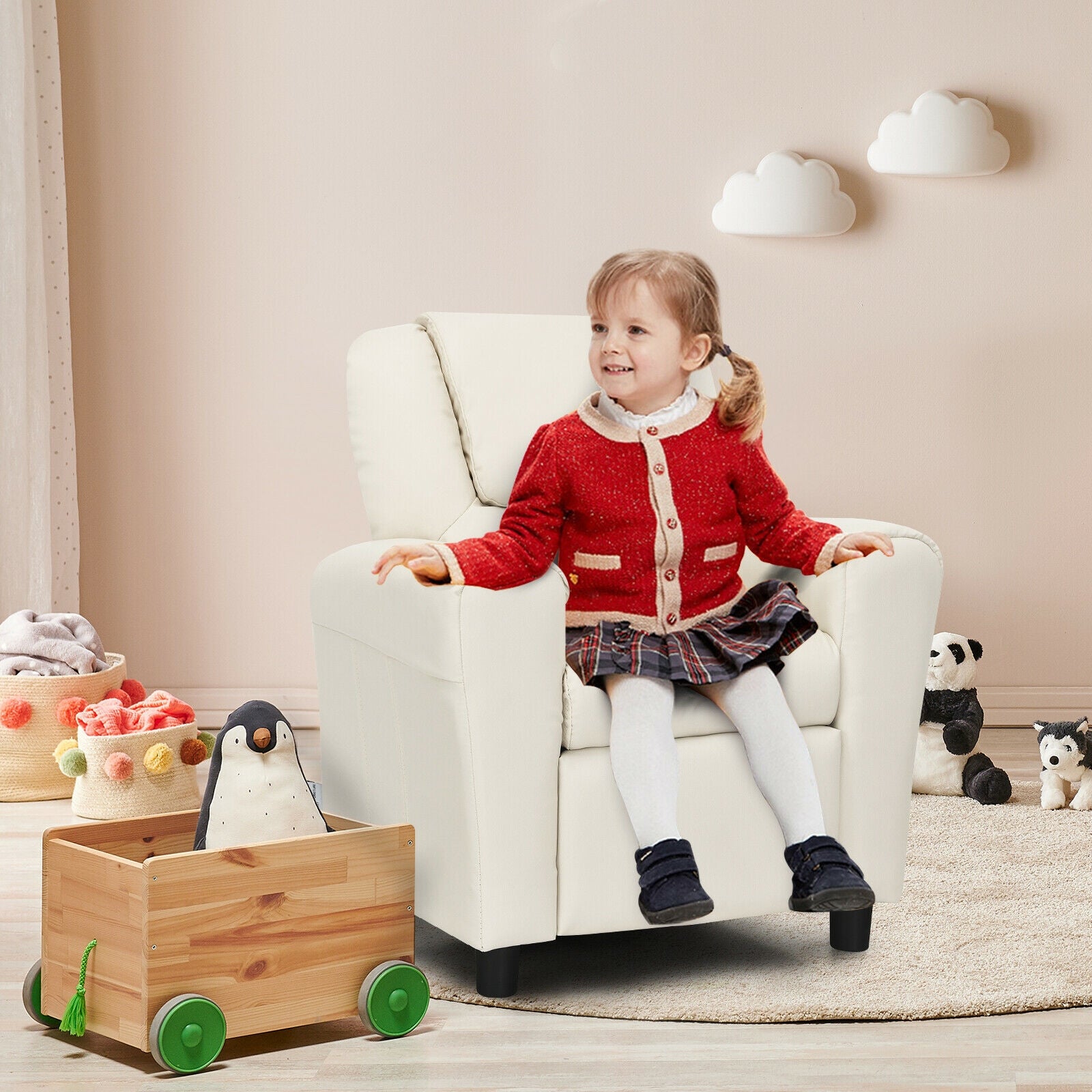 Children PU Leather Recliner Chair with Front Footrest-Beige