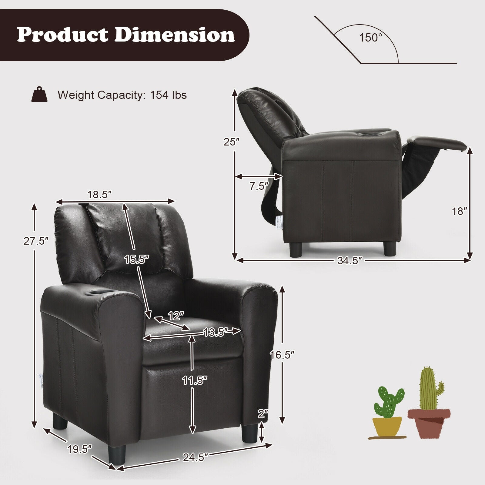 Children PU Leather Recliner Chair with Front Footrest-Brown