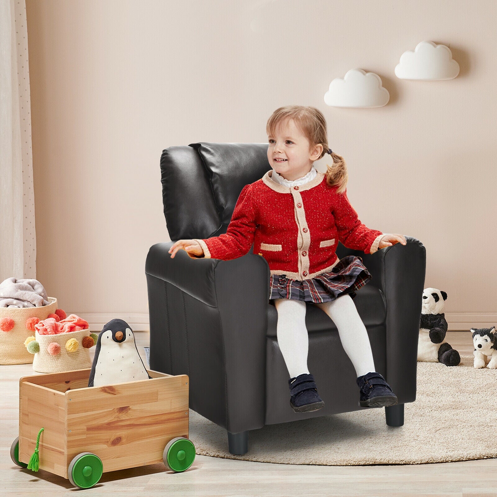 Children PU Leather Recliner Chair with Front Footrest-Brown