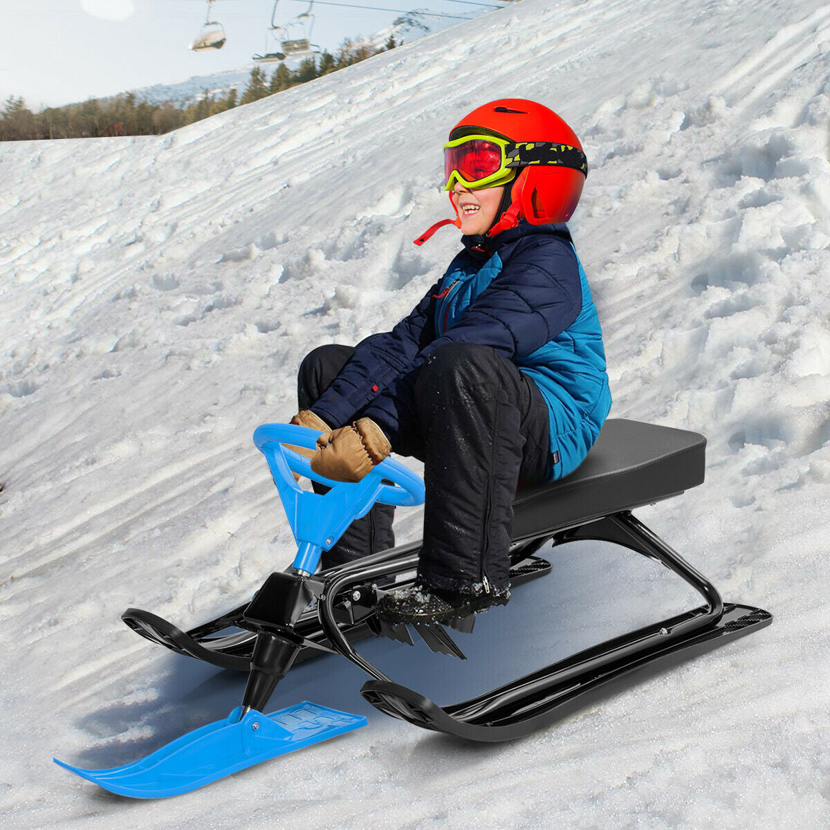 Kids Snow Sand Grass Sled with Steering Wheel and Brakes-BlueÂ 