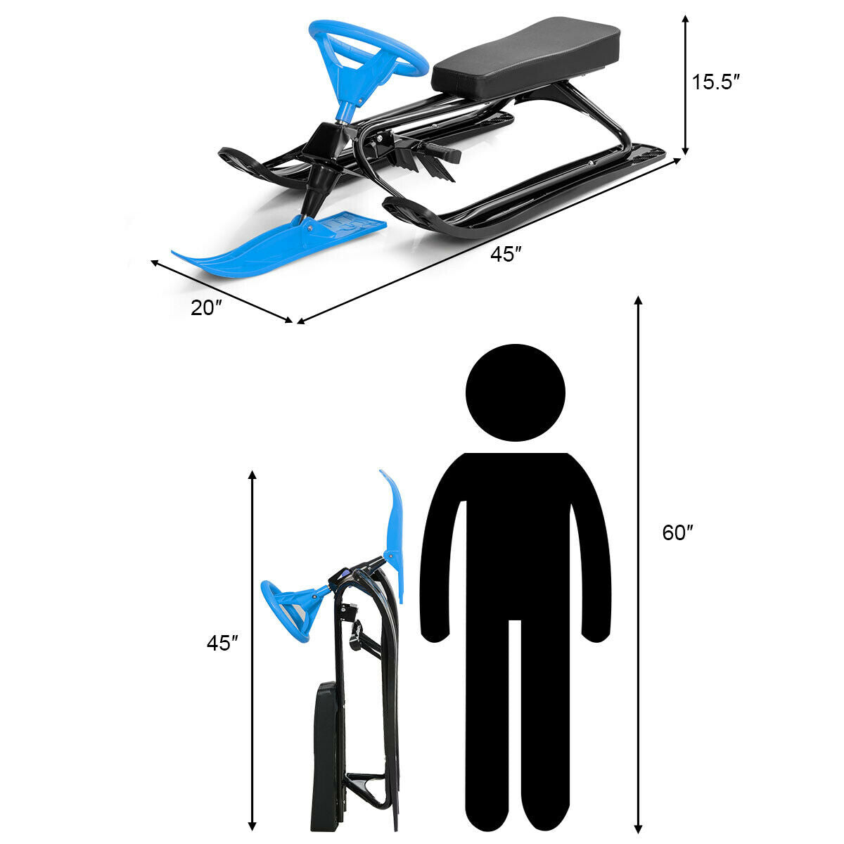 Kids Snow Sand Grass Sled with Steering Wheel and Brakes-Blue