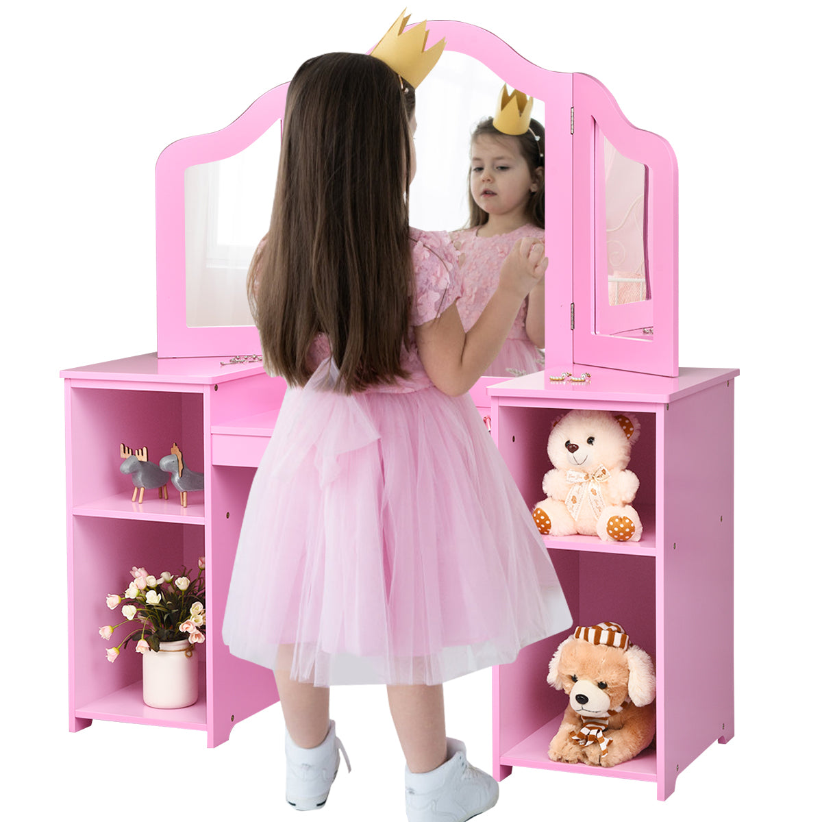 Kids Tri Folding Mirror Makeup Dressing Vanity Table Set-Pink