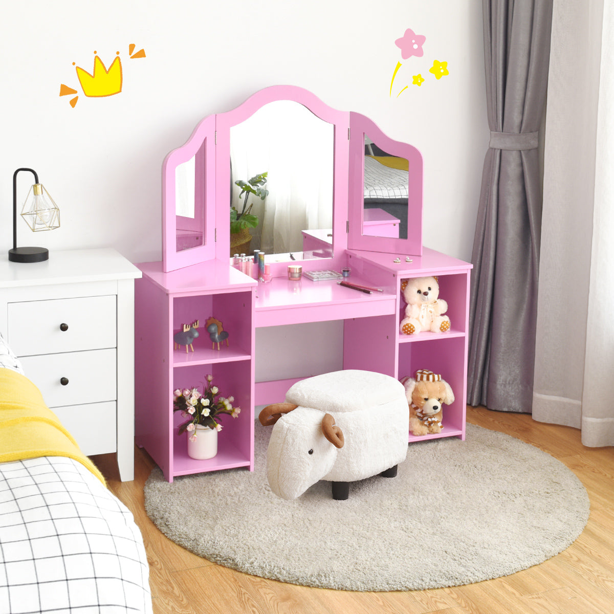 Kids Tri Folding Mirror Makeup Dressing Vanity Table Set-Pink