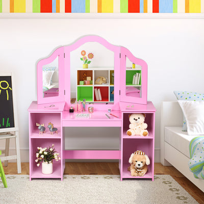 Kids Tri Folding Mirror Makeup Dressing Vanity Table Set-PinkÂ 