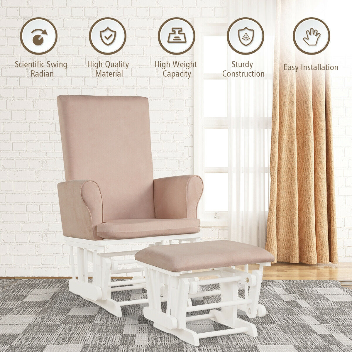 Wooden Baby Nursery Glider and Ottoman Cushion Set-Pink