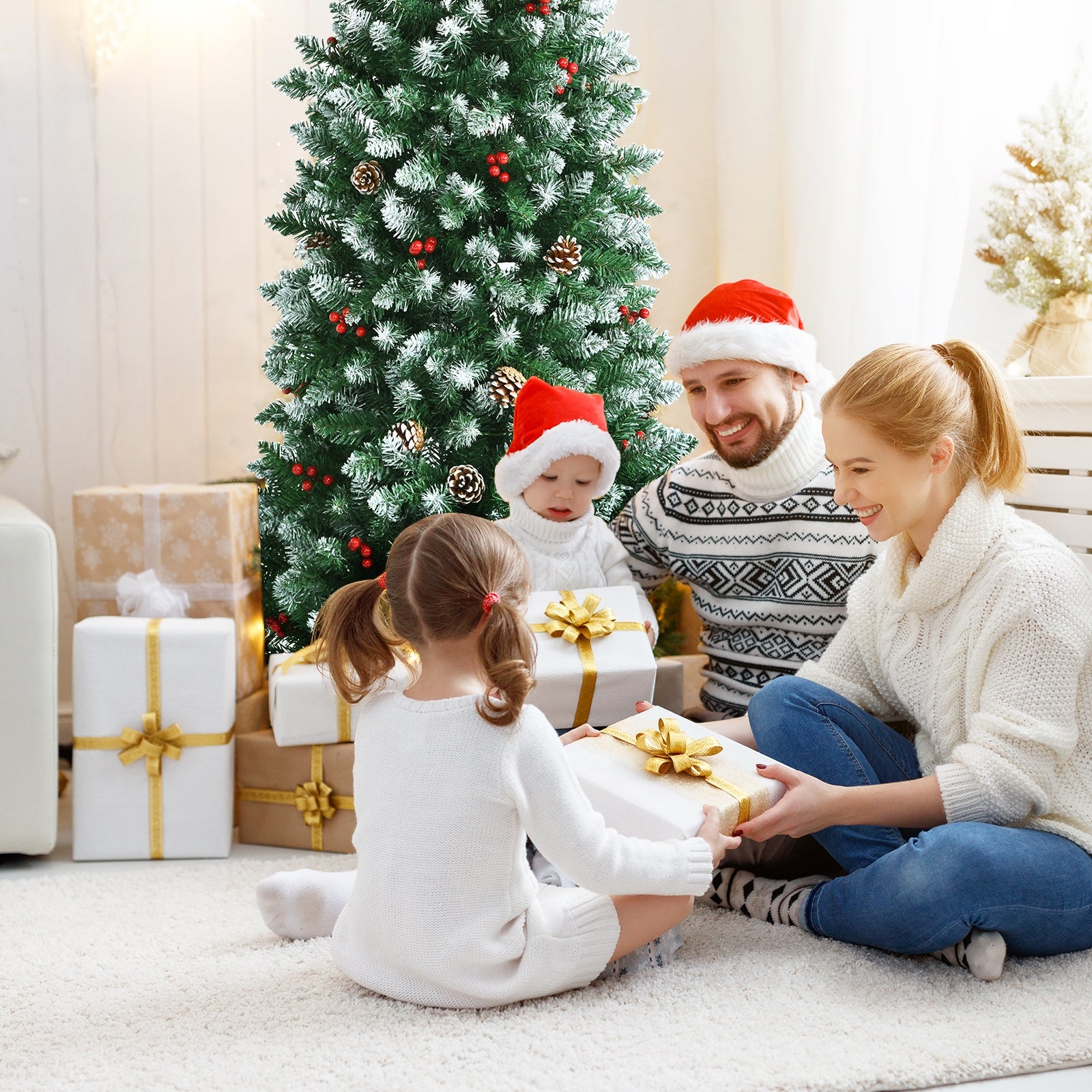 Pre-lit Artificial Pencil Christmas Tree with Pine Cones and Red Berries-7 ft 