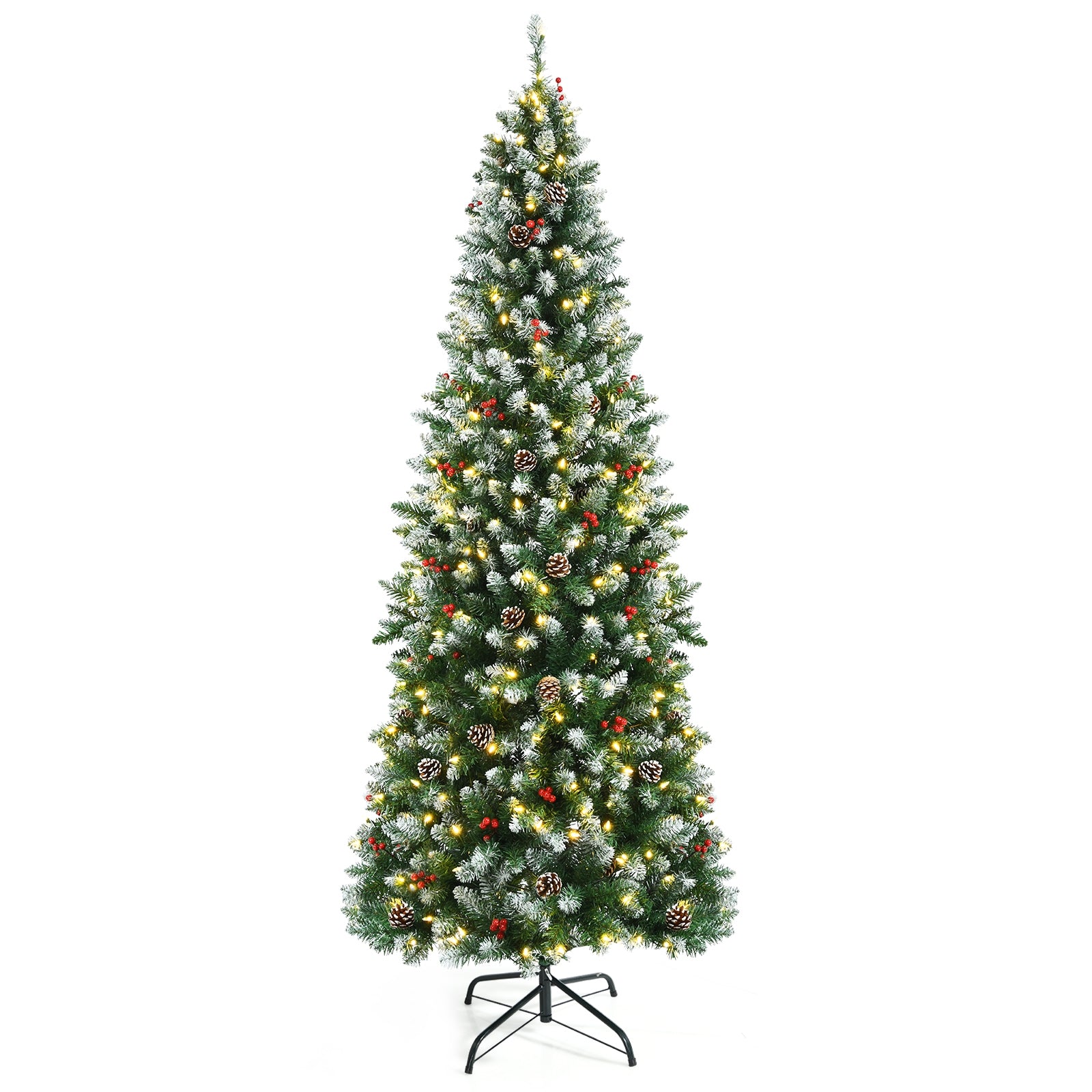 Pre-lit Artificial Pencil Christmas Tree with Pine Cones and Red Berries-7 ft