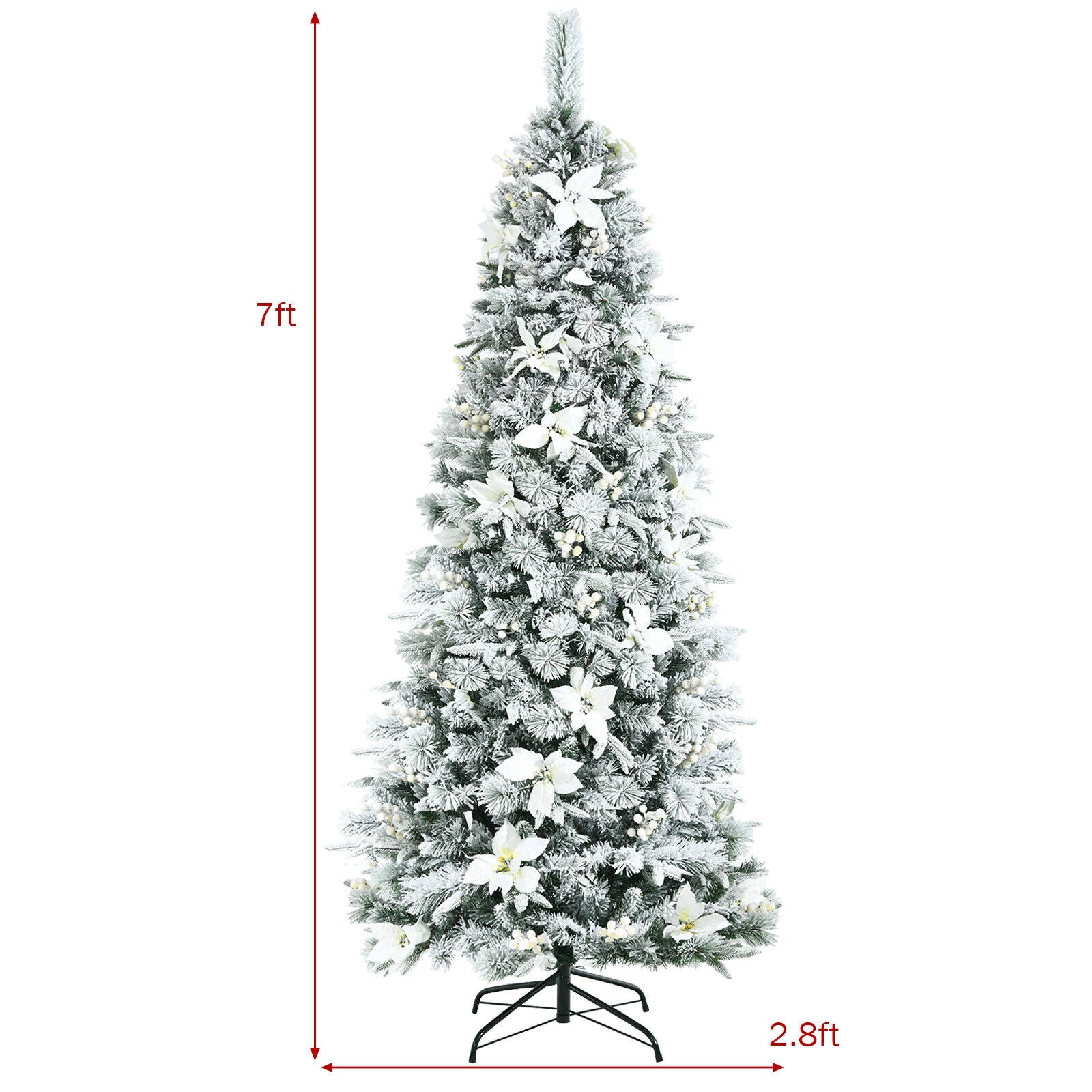 Pre-lit Snow Flocked Christmas Tree with Berries and Poinsettia Flowers-7'