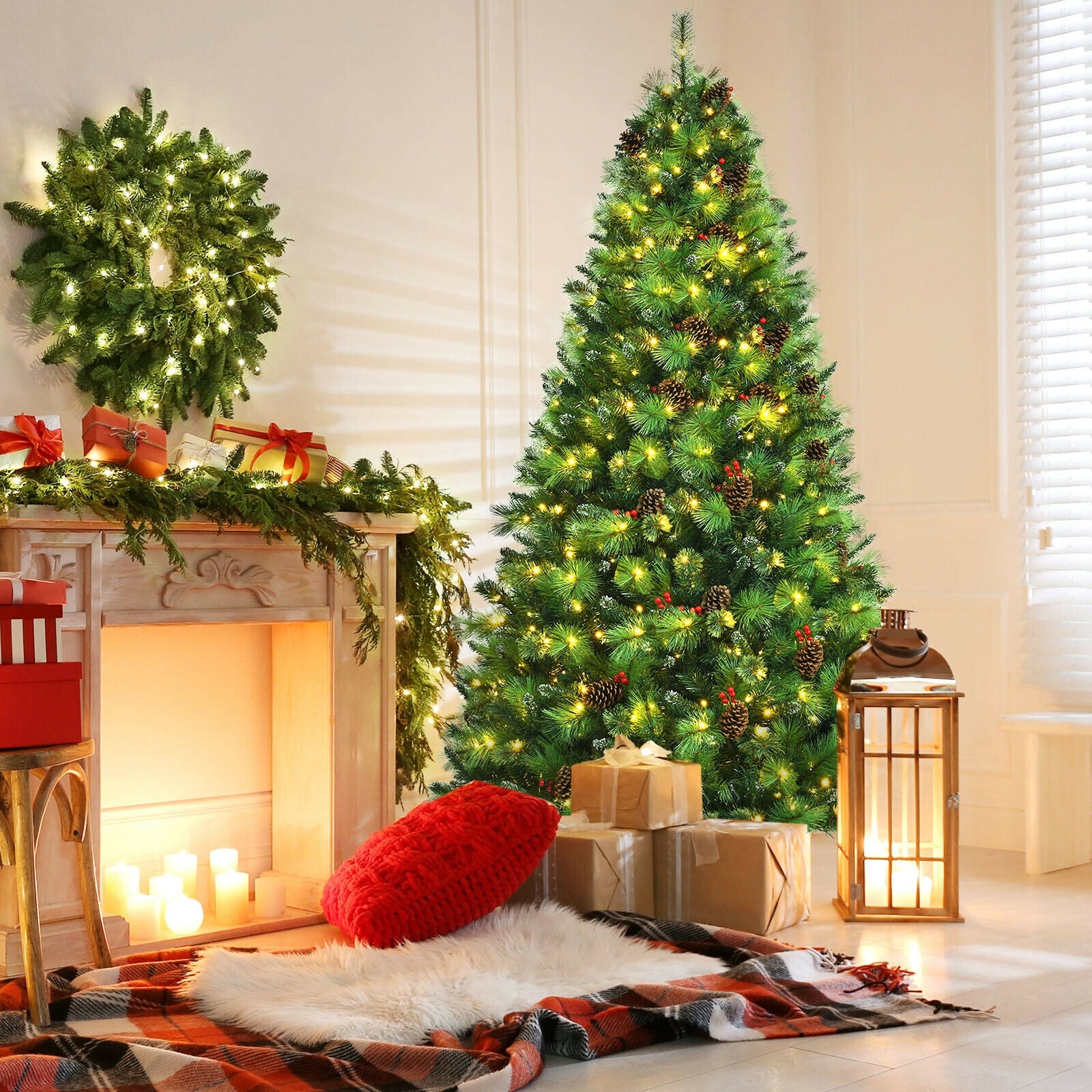 Pre-lit Hinged Christmas Tree with Pine Cones and Red Berries-8'