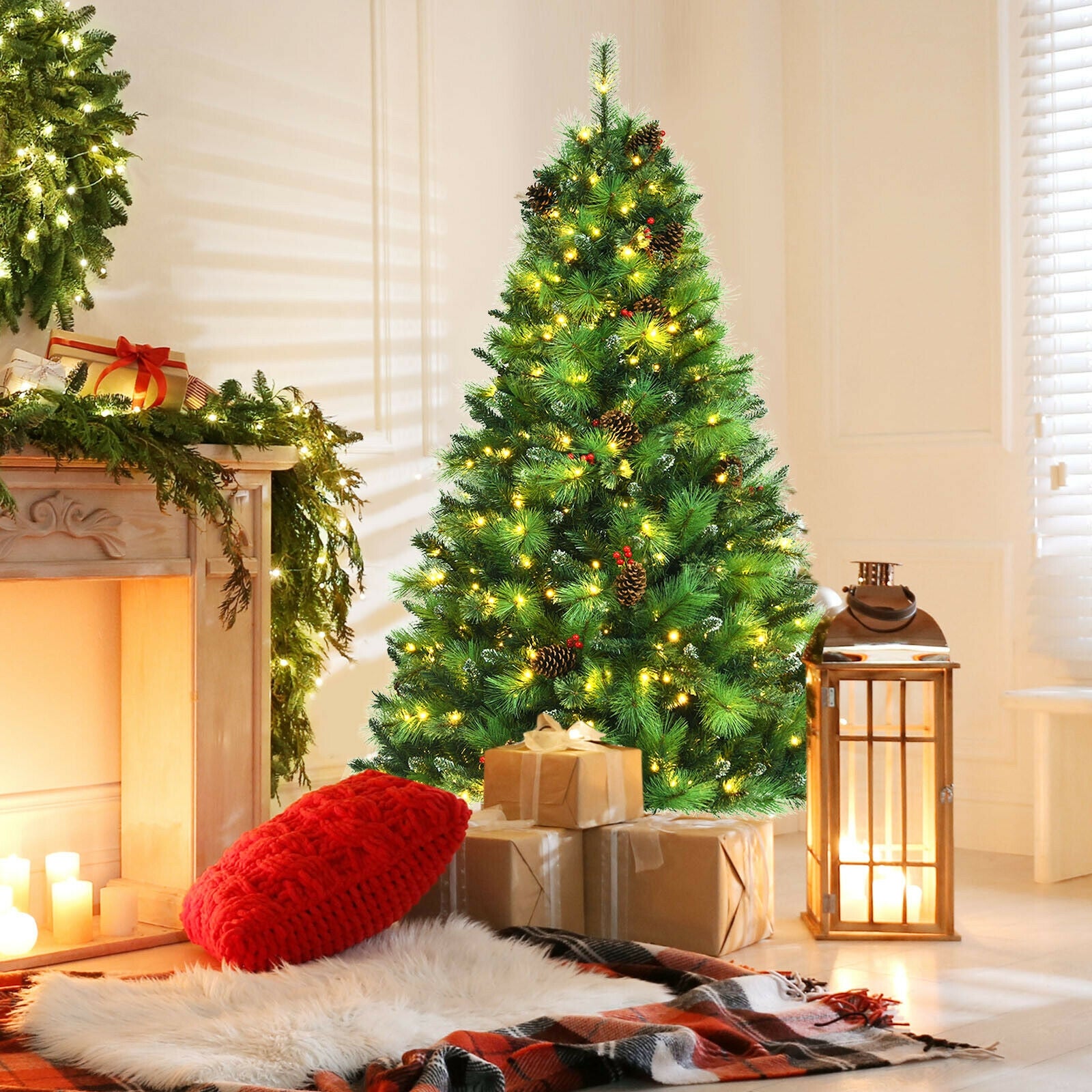 Pre-lit Hinged Christmas Tree with Pine Cones and Red Berries-6'