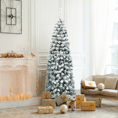 6 Feet Unlit Hinged Snow Flocked Artificial Pencil Christmas Tree with 500 Branch TipÂ 