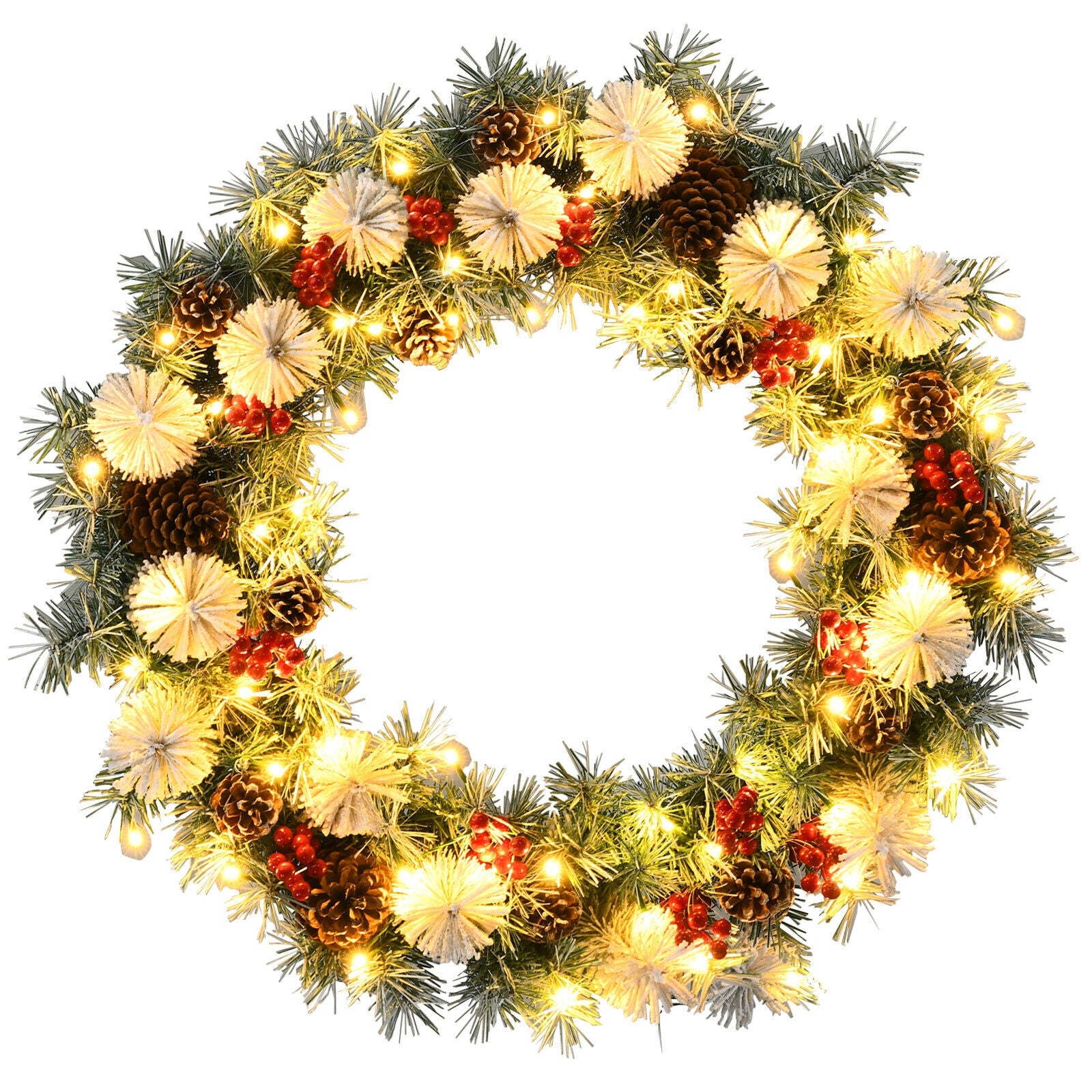 30-Inch Pre-lit Flocked Artificial Christmas Wreath with Mixed Decorations